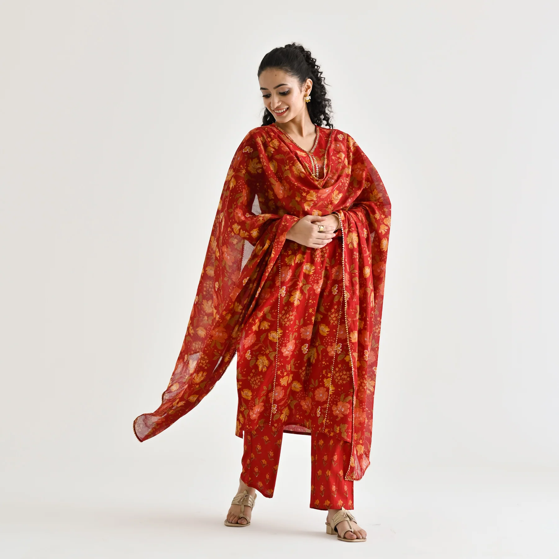 Red Floral Printed Cotton Kurta Pant Dupatta Set with Sequin Embroidered Neckline - Image 7