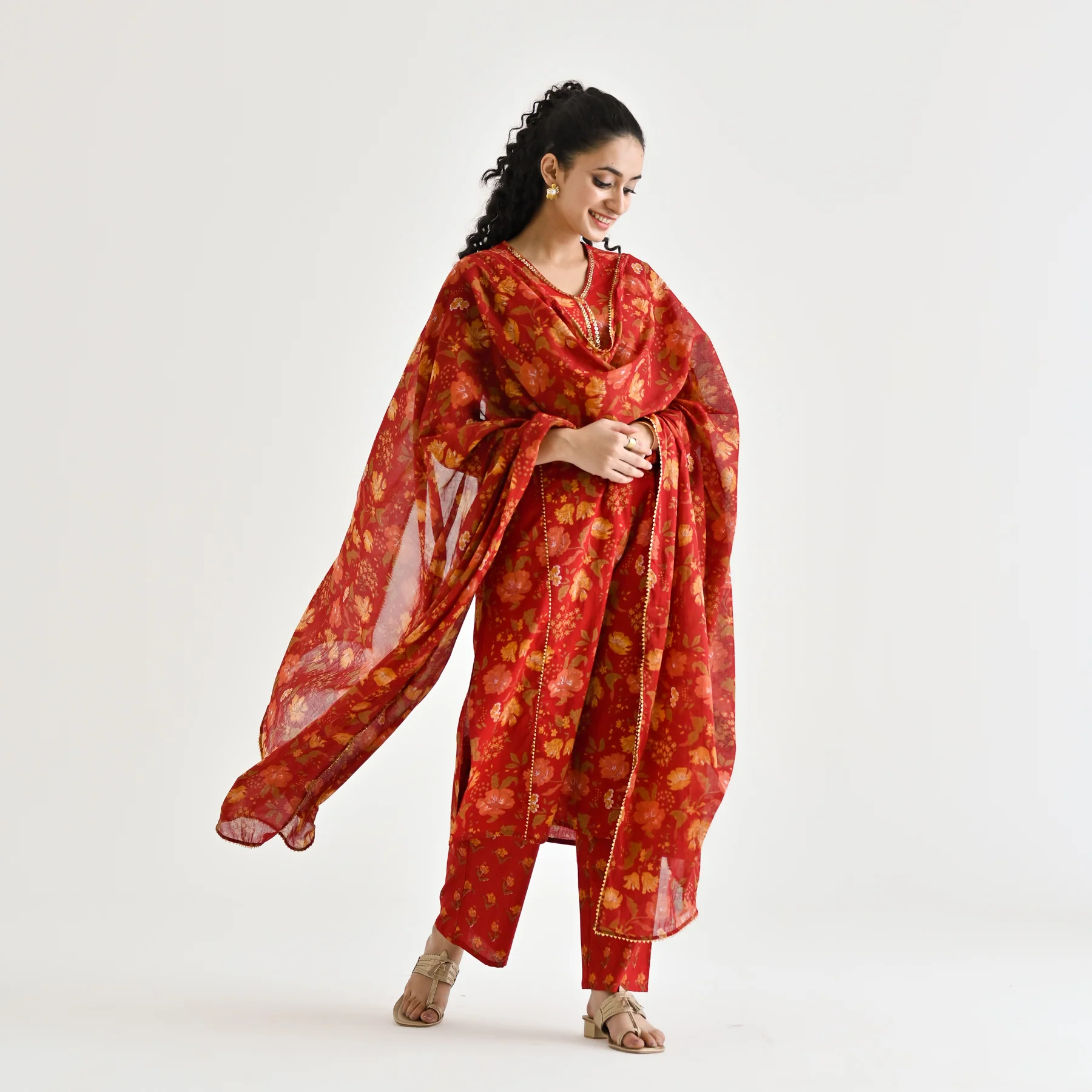 Red Floral Printed Cotton Kurta Pant Dupatta Set with Sequin Embroidered Neckline - Image 8