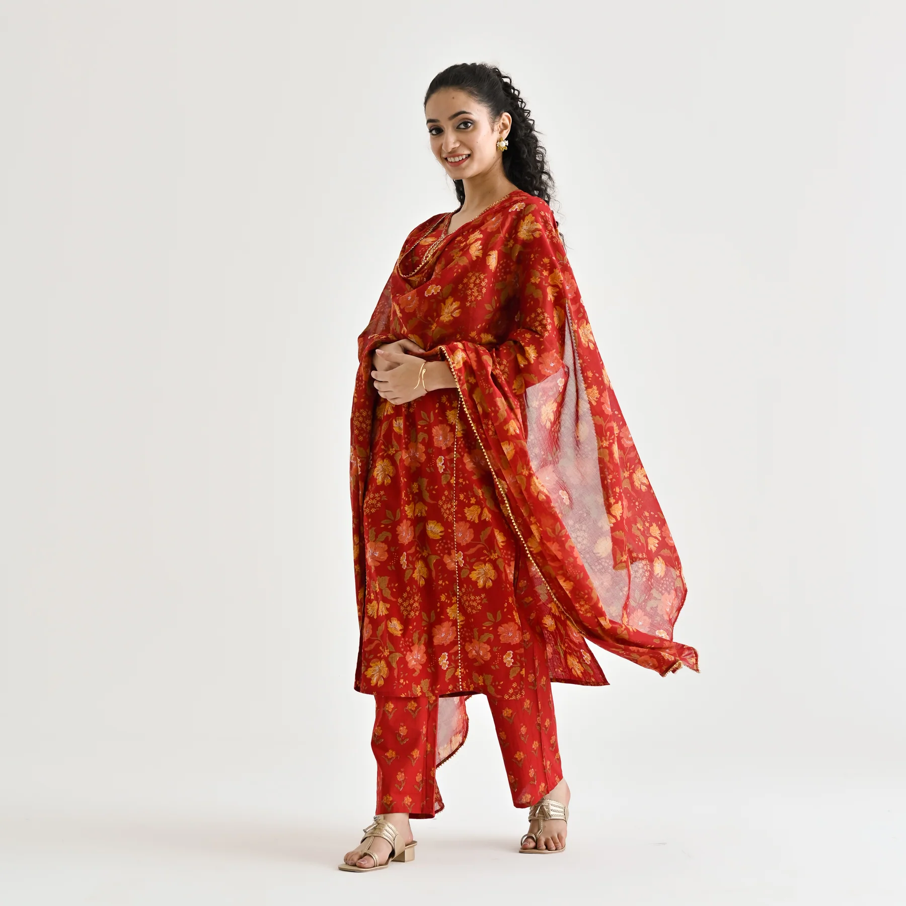 Red Floral Printed Cotton Kurta Pant Dupatta Set with Sequin Embroidered Neckline - Image 9