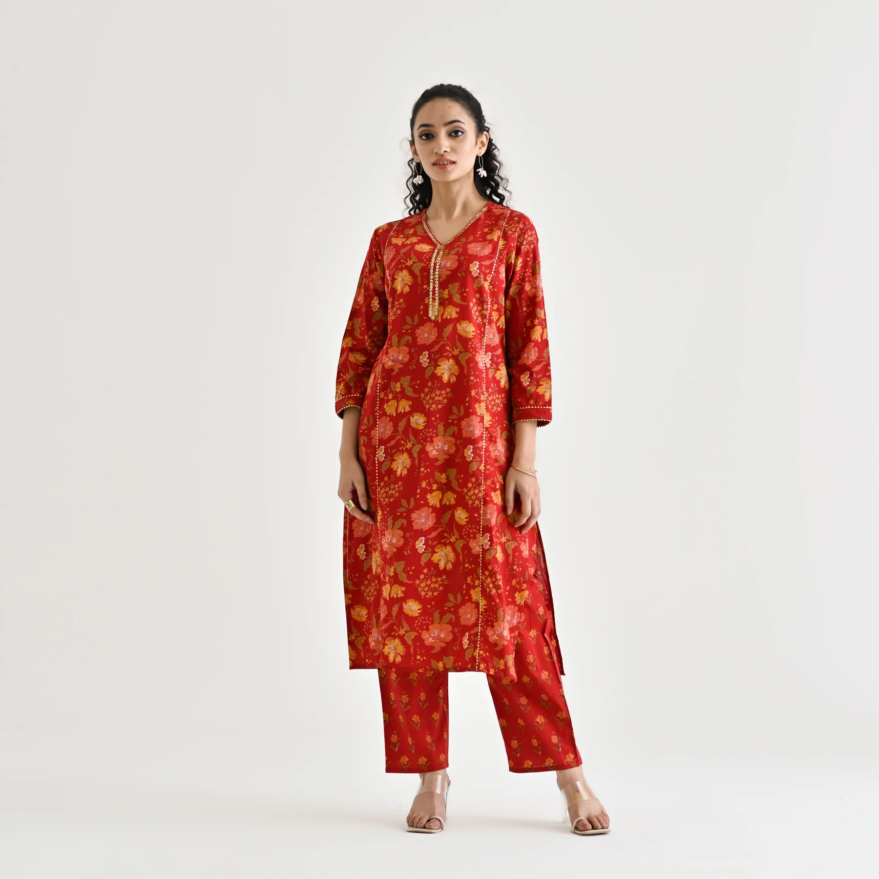 Red Floral Printed Cotton Kurta with Sequin Embroidered Neckline - Image 3