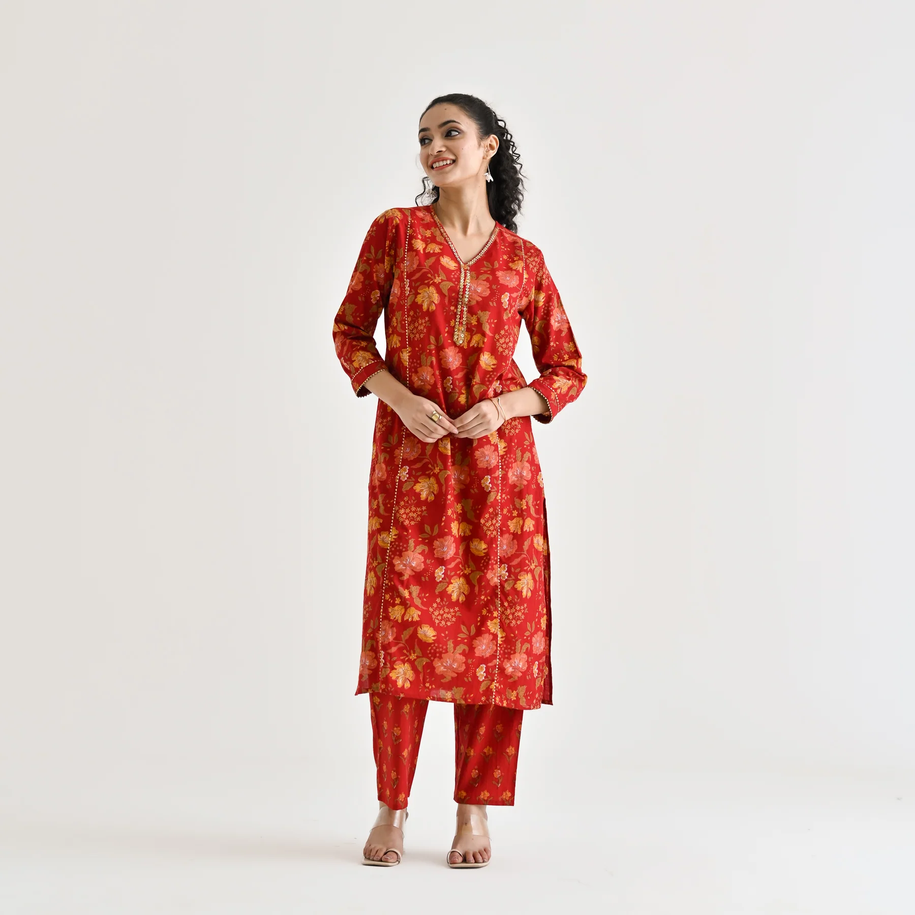 Red Floral Printed Cotton Kurta with Sequin Embroidered Neckline - Image 4