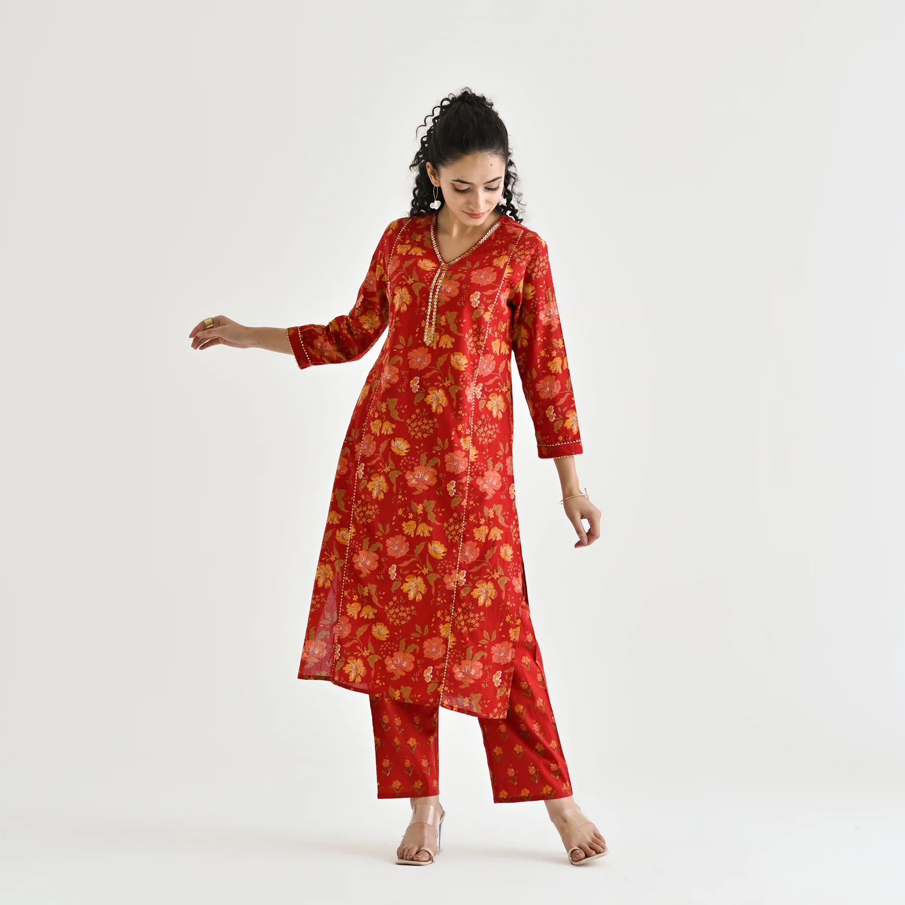 Red Floral Printed Cotton Kurta with Sequin Embroidered Neckline - Image 5