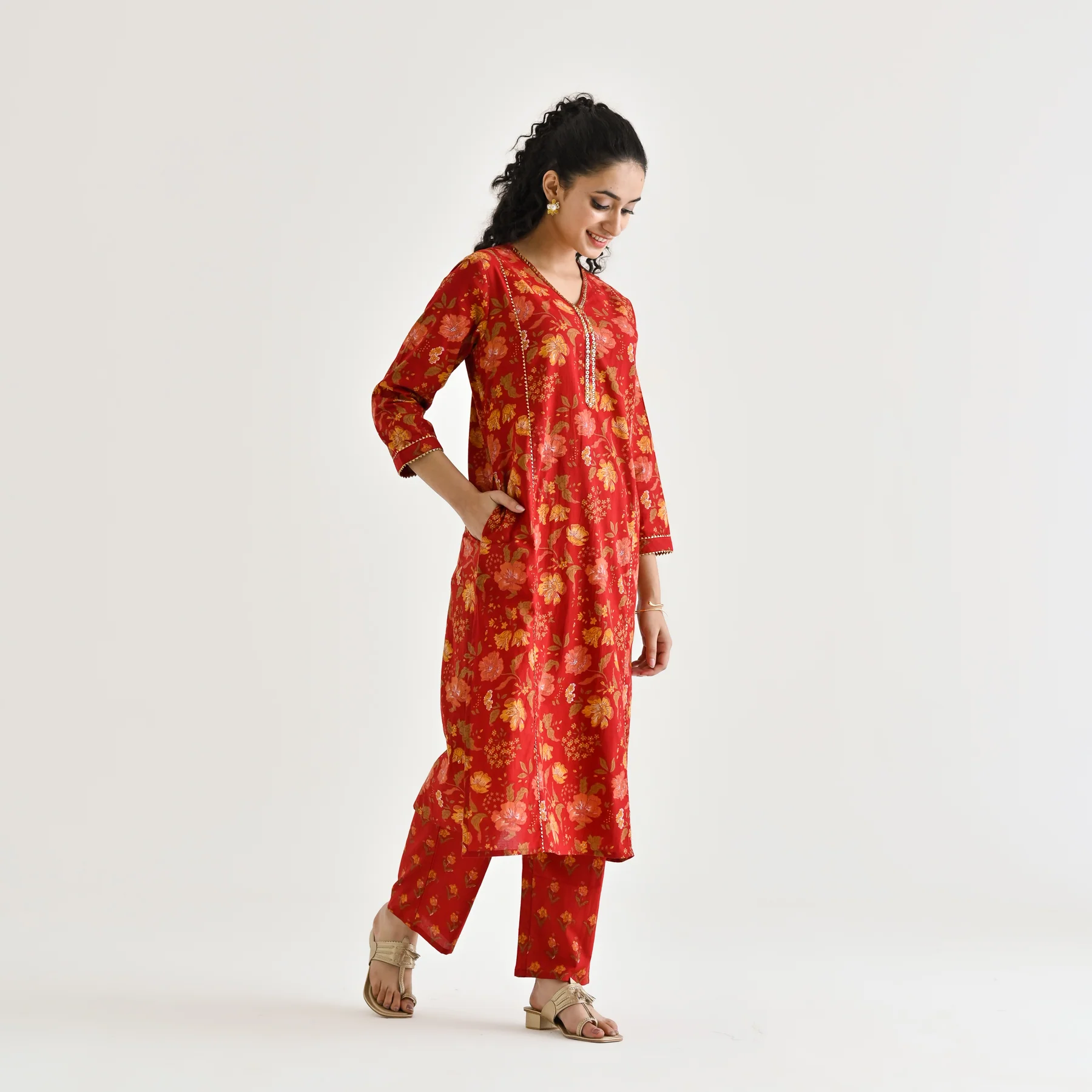 Red Floral Printed Cotton Kurta with Sequin Embroidered Neckline - Image 6