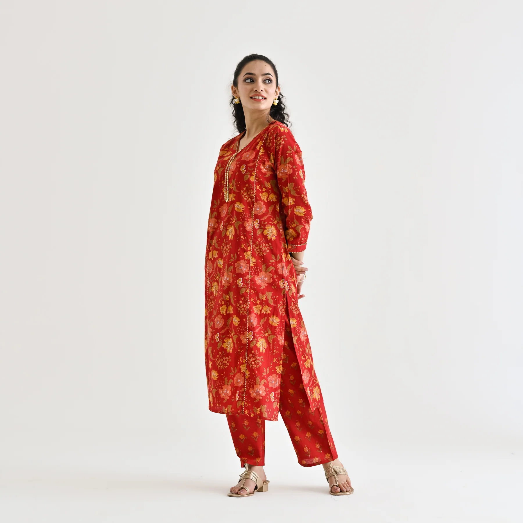 Red Floral Printed Cotton Kurta with Sequin Embroidered Neckline - Image 7