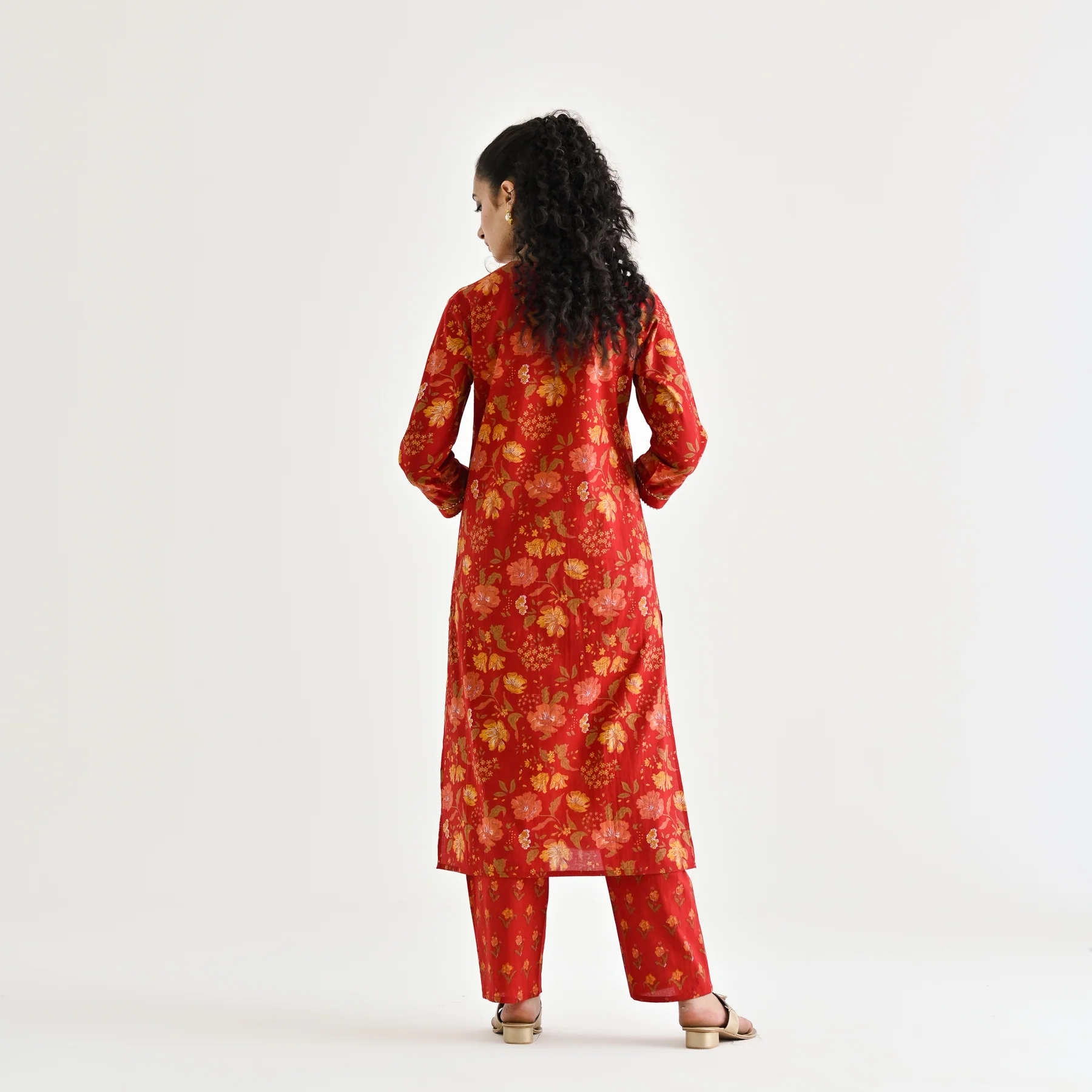 Red Floral Printed Cotton Kurta with Sequin Embroidered Neckline - Image 8