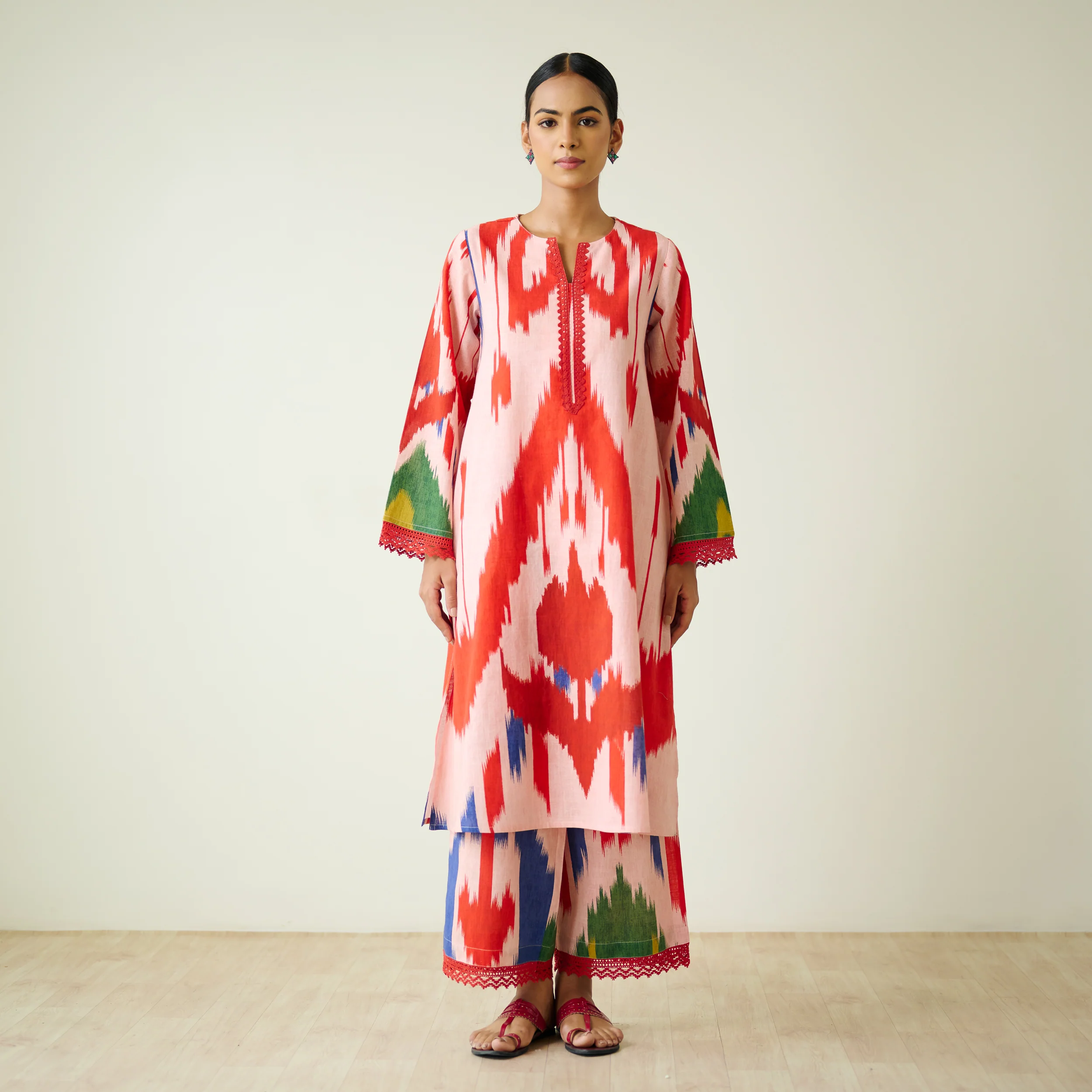 Red Tulip Ikat Inspired Slub Cotton Kurta Set with Lace Detailing - Baby Pink - Image 4