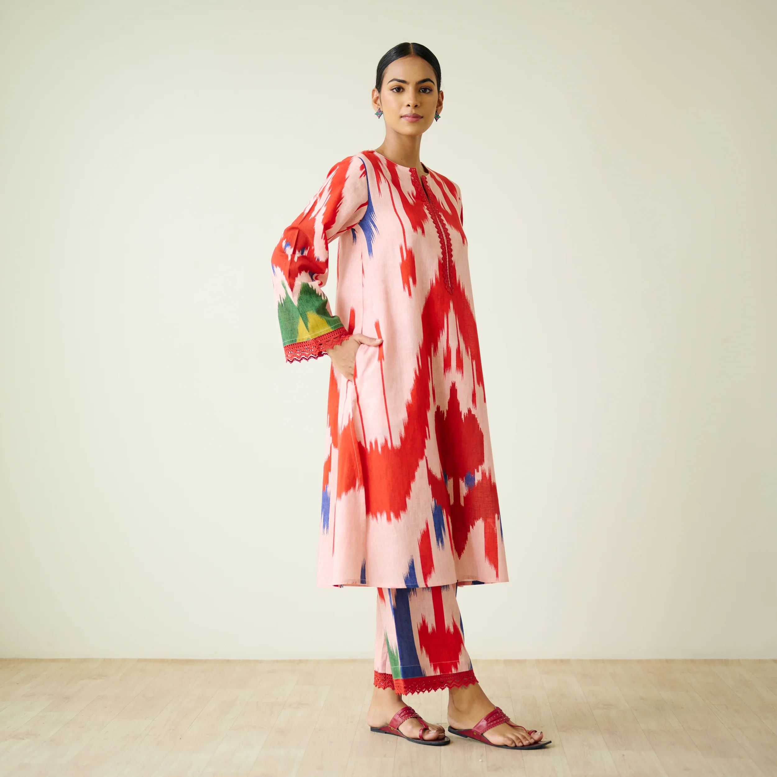 Red Tulip Ikat Inspired Slub Cotton Kurta Set with Lace Detailing - Baby Pink - Image 6