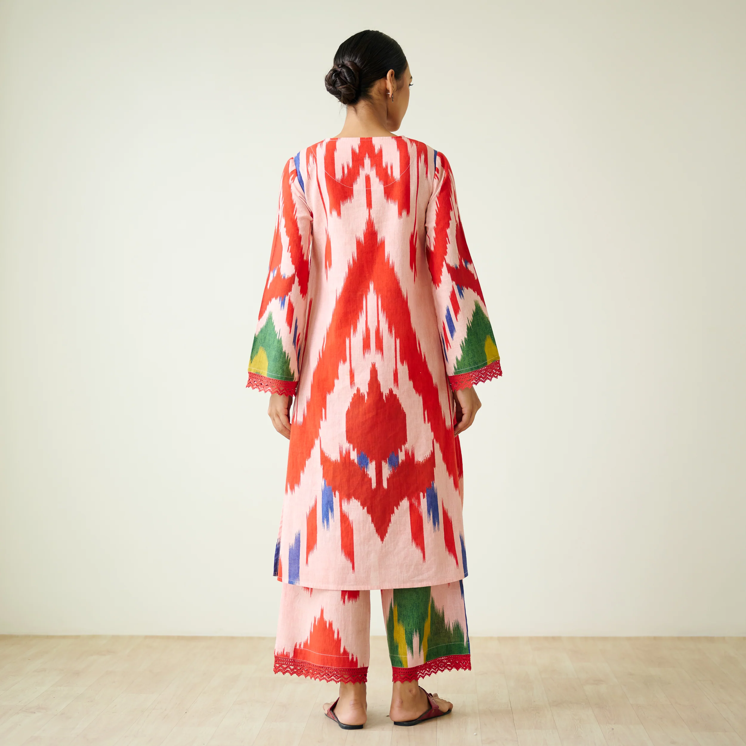 Red Tulip Ikat Inspired Slub Cotton Kurta Set with Lace Detailing - Baby Pink - Image 7