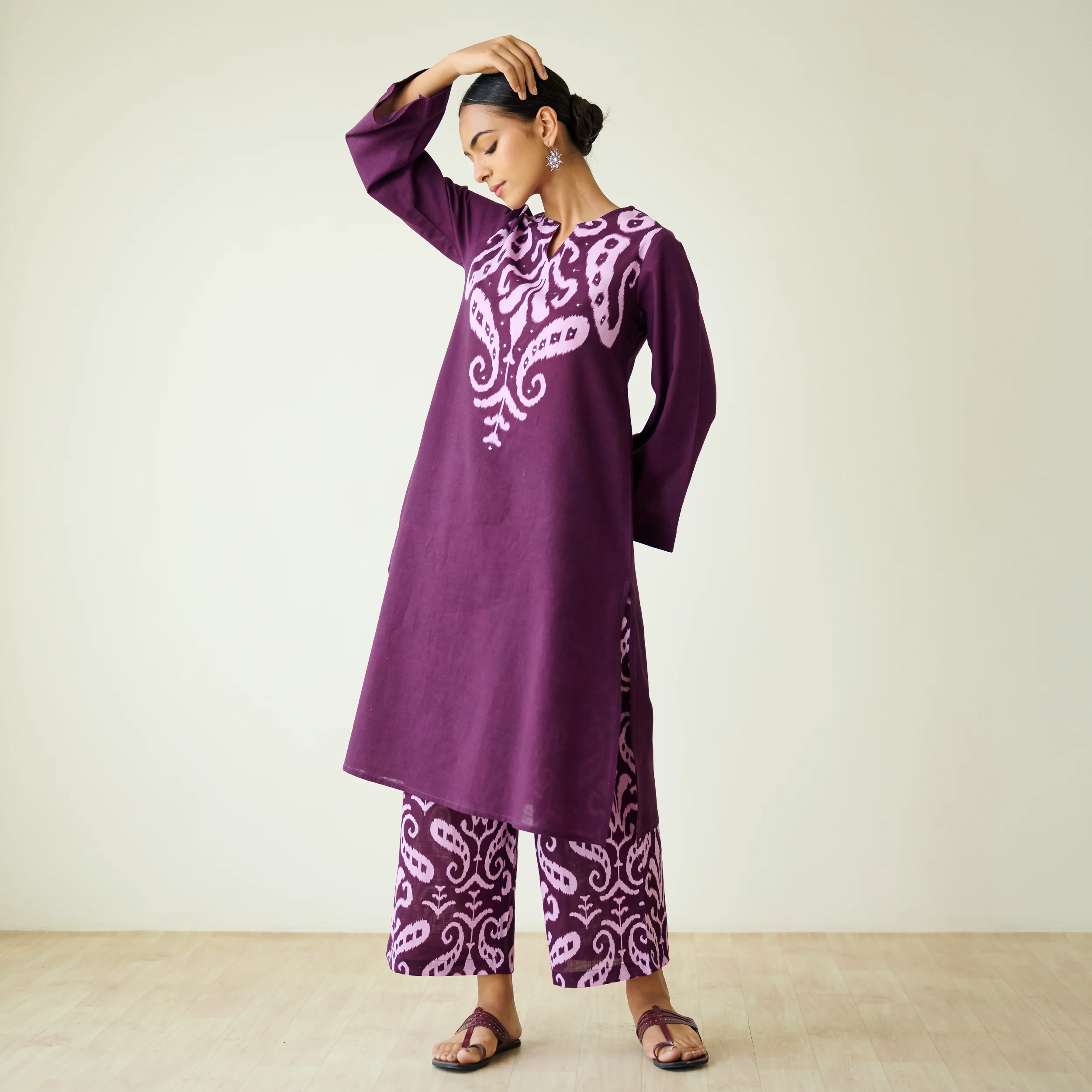 Resha Slub Cotton Kurta Set with Mukaish Work - Violet - Image 3
