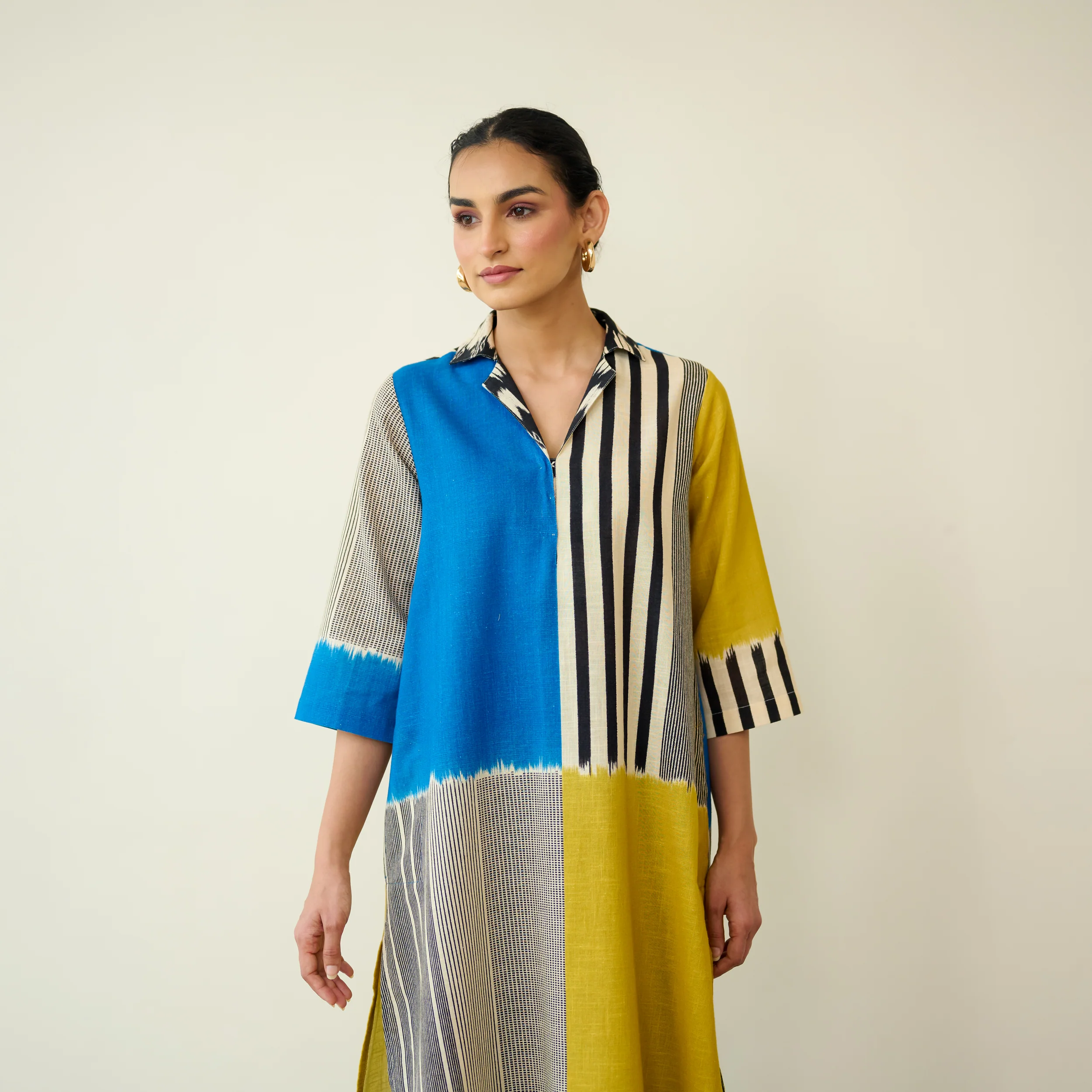 Retro Slub Cotton Statement Kurta - Electric Blue & Ochre Yellow - Image 7