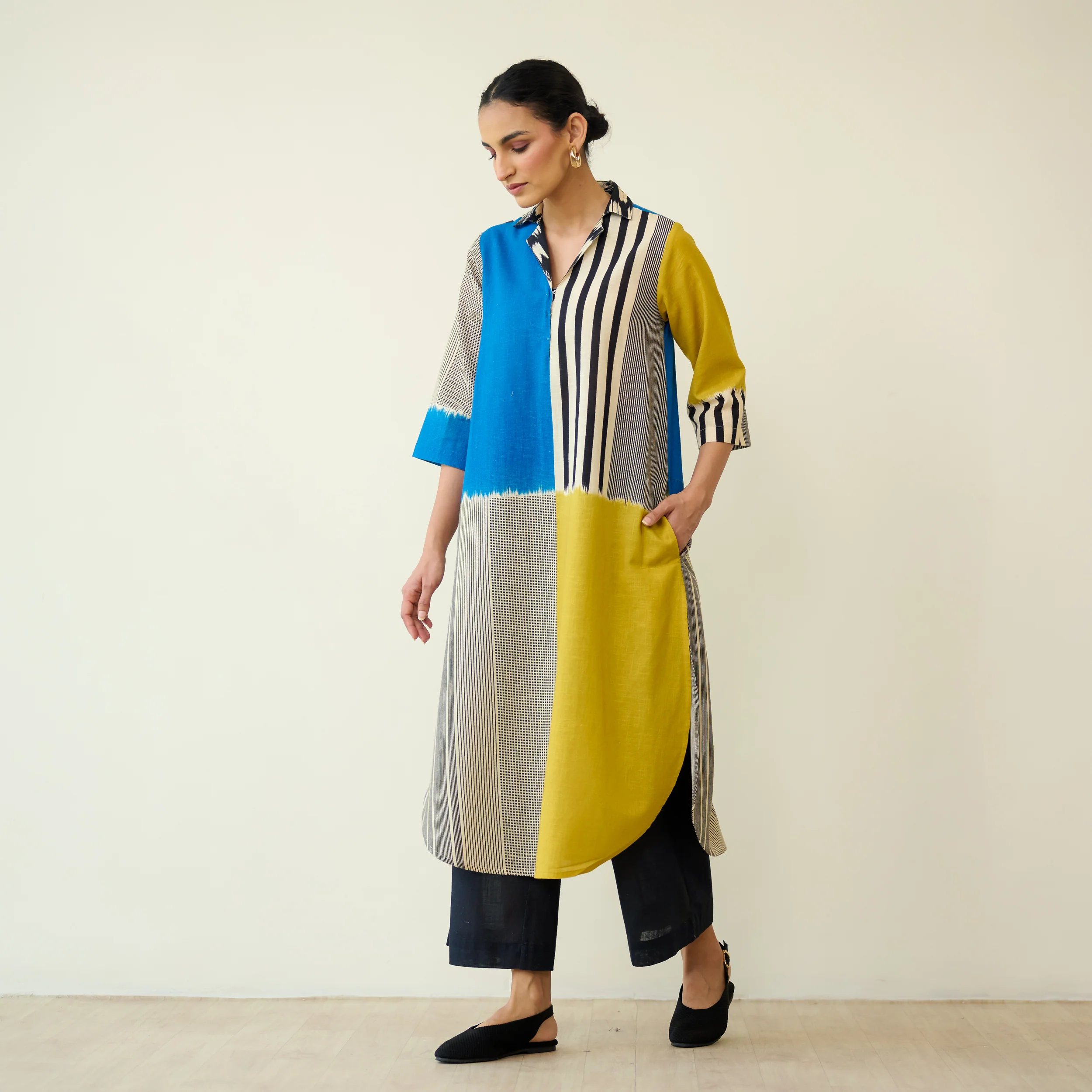 Retro Slub Cotton Statement Kurta - Electric Blue & Ochre Yellow - Image 8