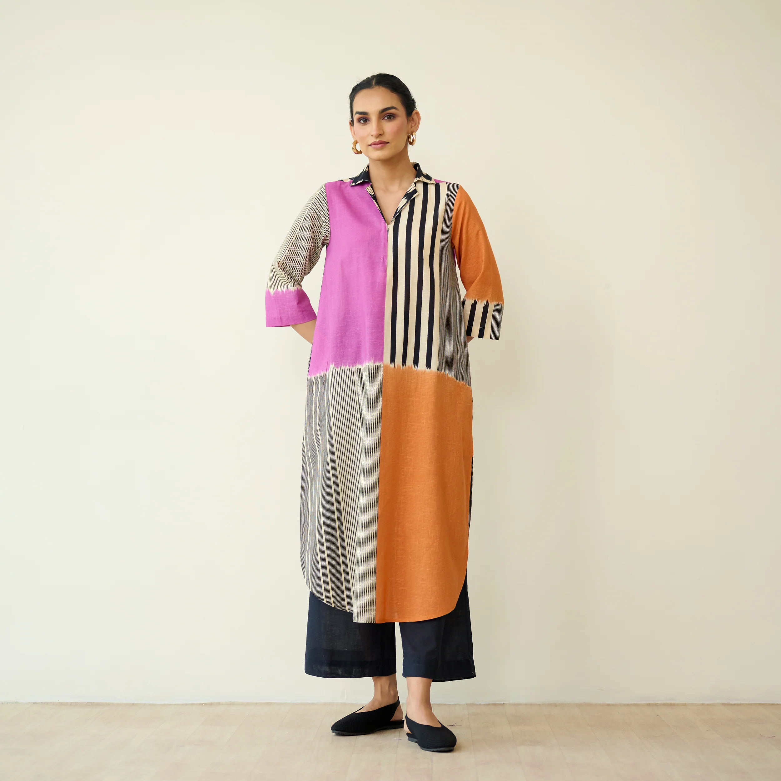 Retro Slub Cotton Statement Kurta - Pink & Tangerine - Image 3