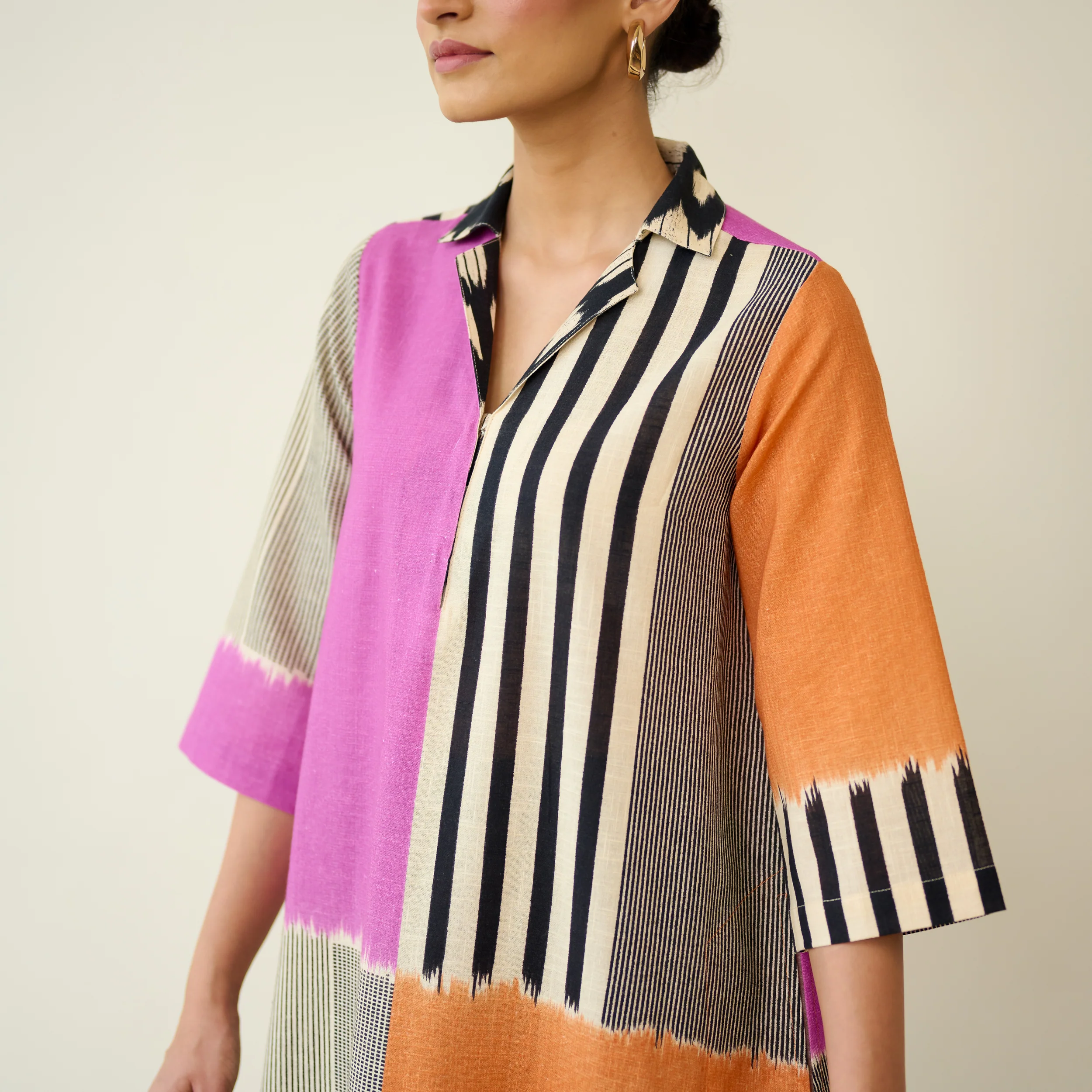 Retro Slub Cotton Statement Kurta - Pink & Tangerine - Image 4