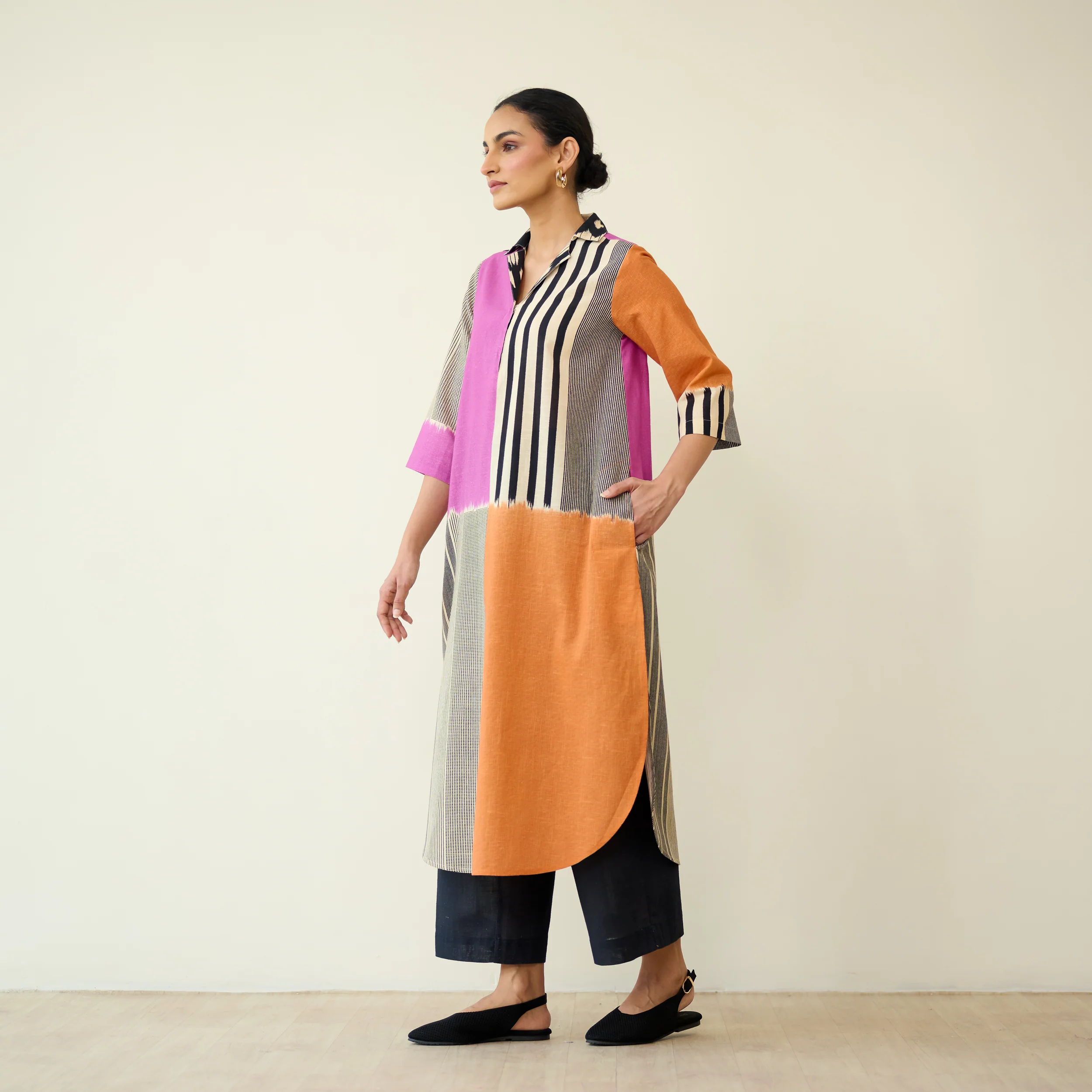 Retro Slub Cotton Statement Kurta - Pink & Tangerine - Image 5