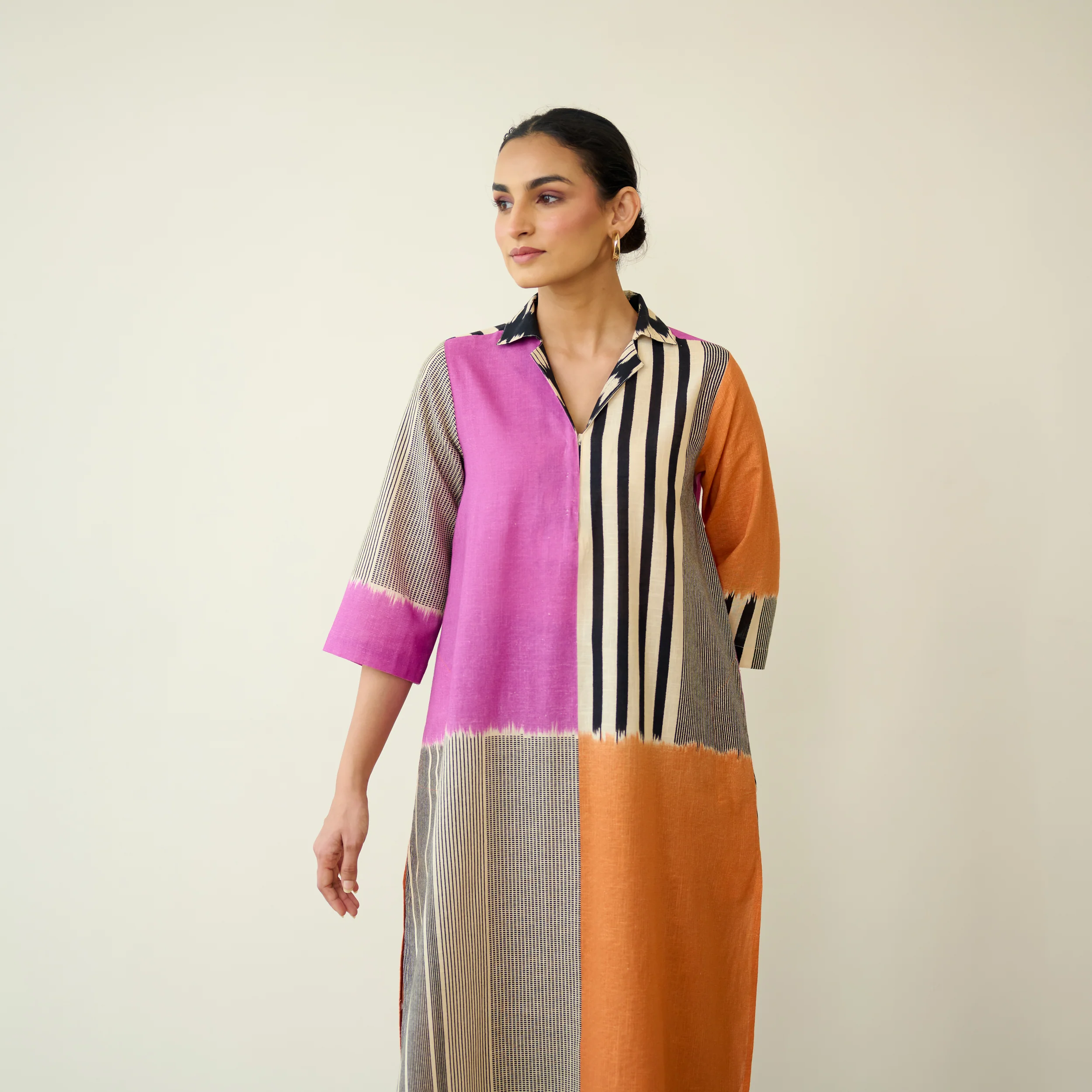 Retro Slub Cotton Statement Kurta - Pink & Tangerine - Image 6