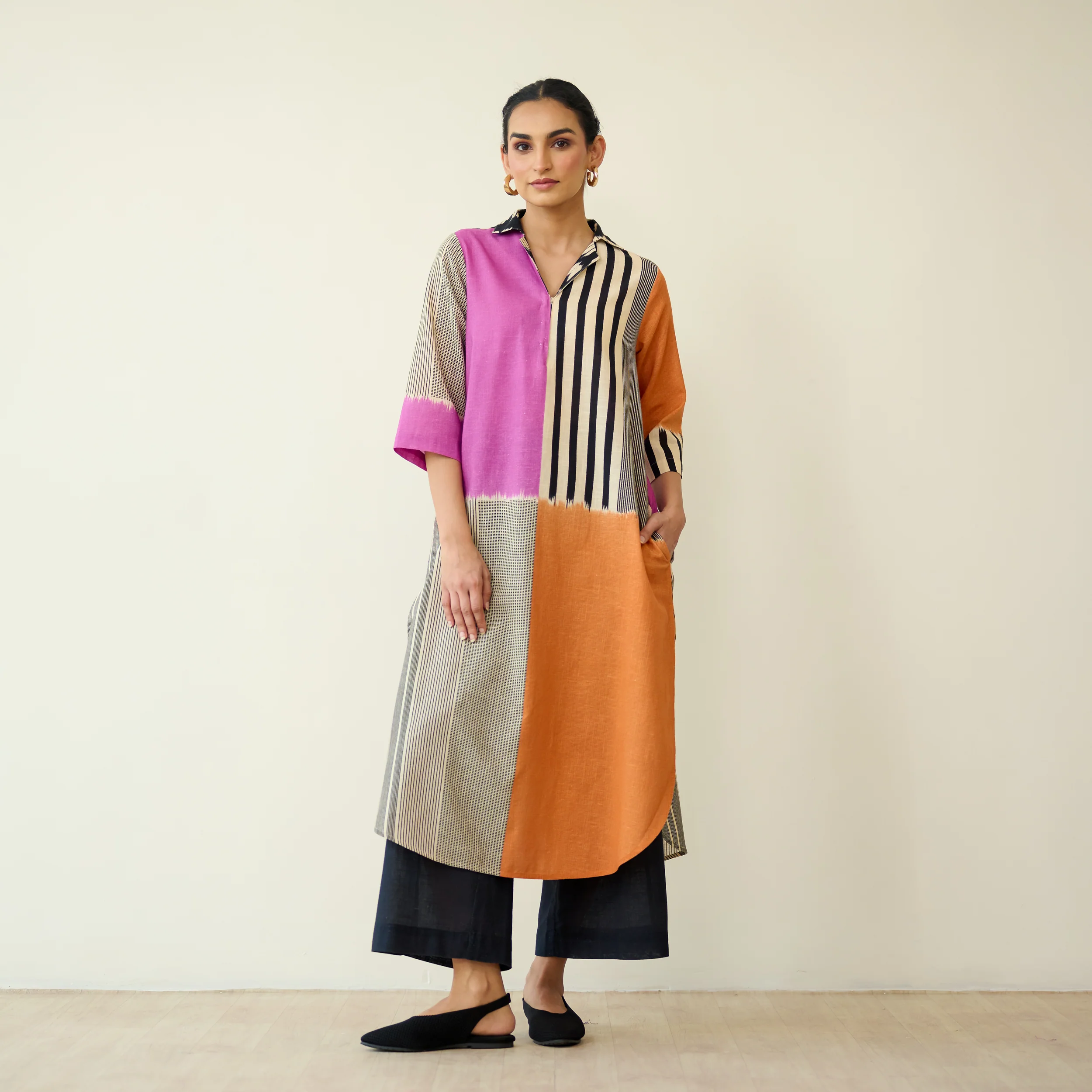 Retro Slub Cotton Statement Kurta - Pink & Tangerine - Image 7