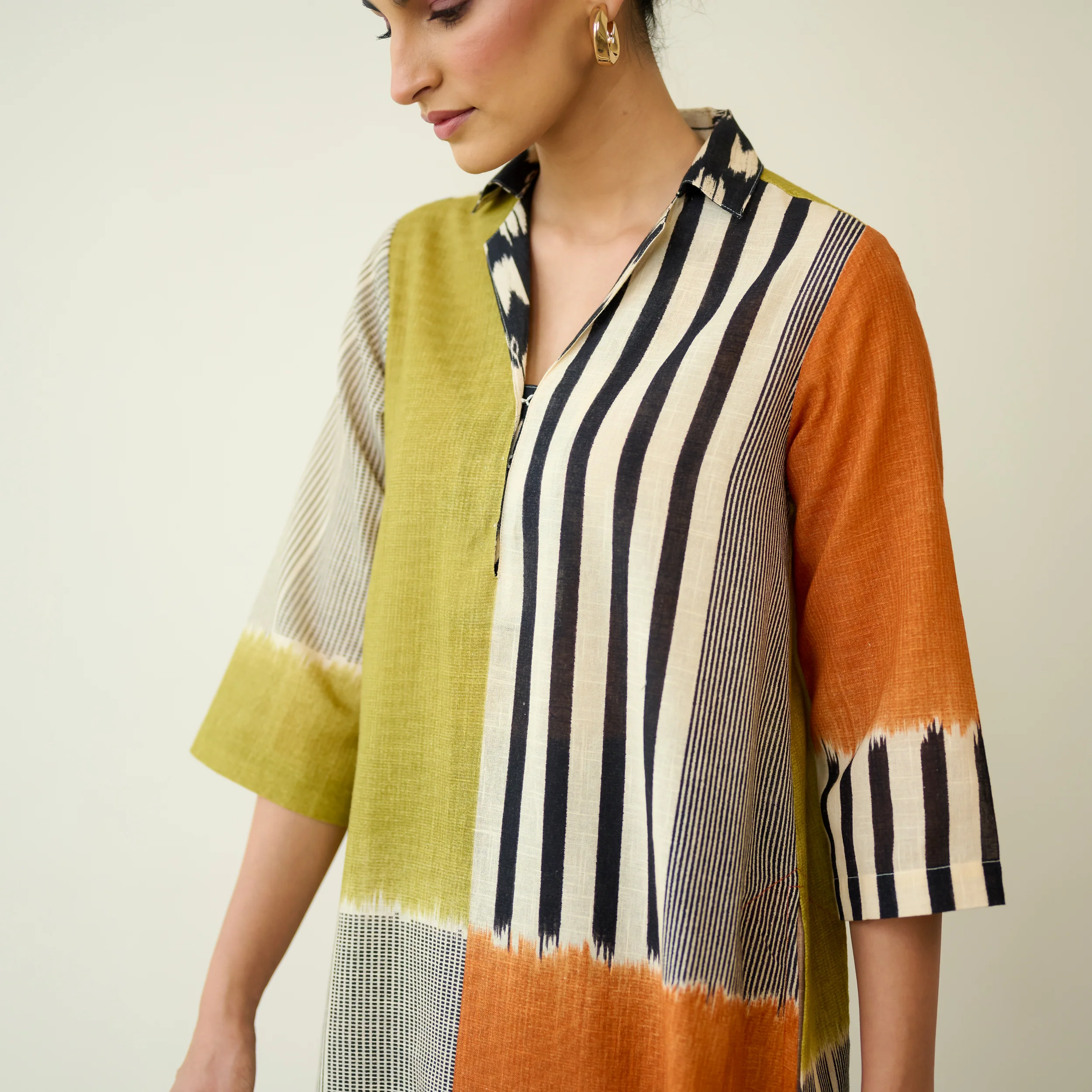Retro Slub Cotton Statement Kurta - Tangerine & Heena - Image 3
