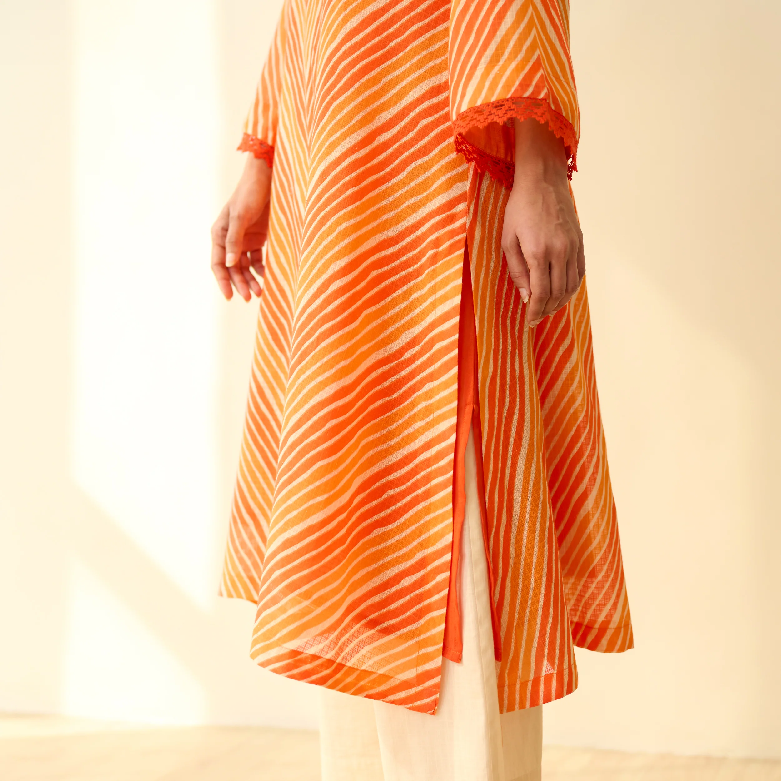 Roshani Kota Doria Cotton Kurta - Orange & Red - Image 3