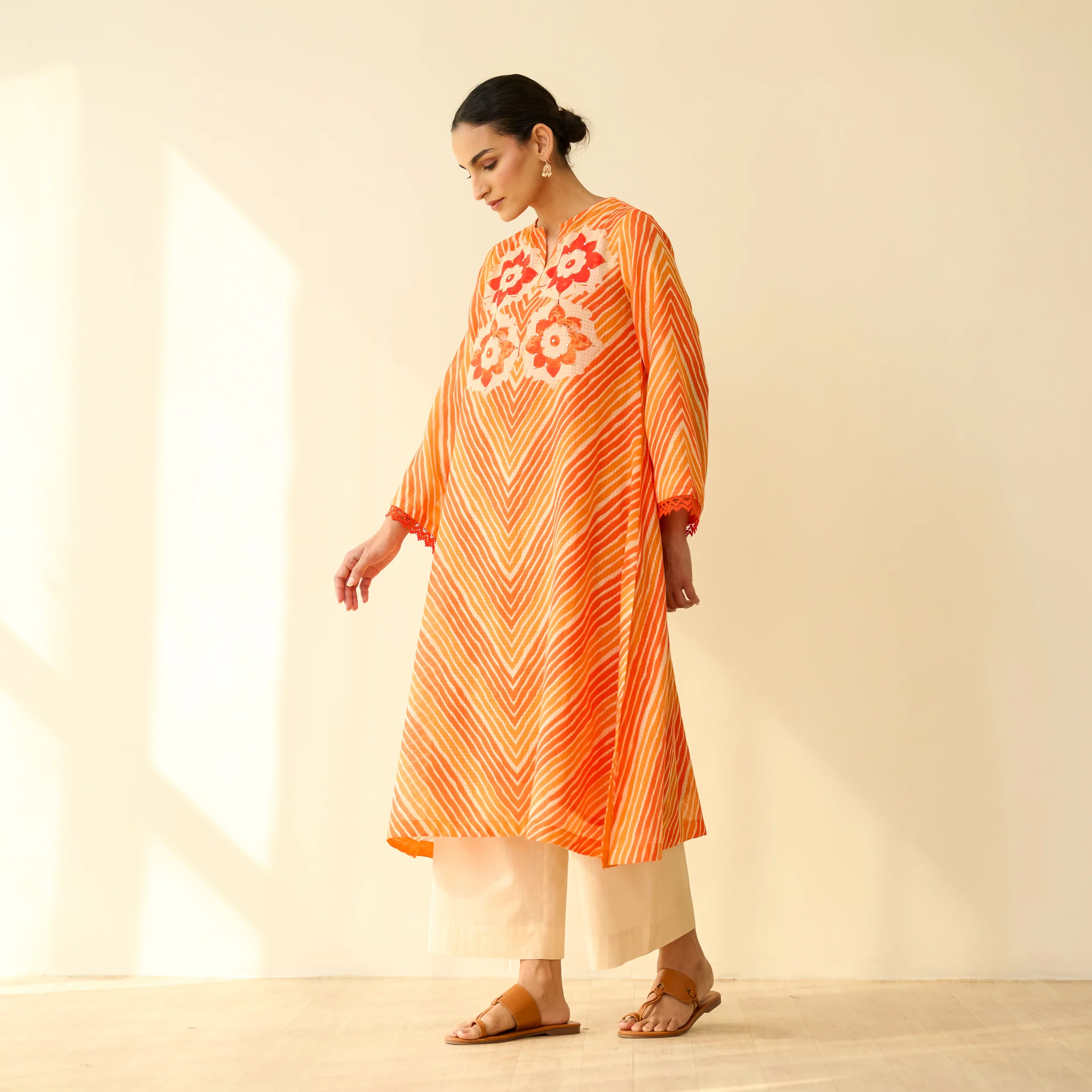 Roshani Kota Doria Cotton Kurta - Orange & Red - Image 4