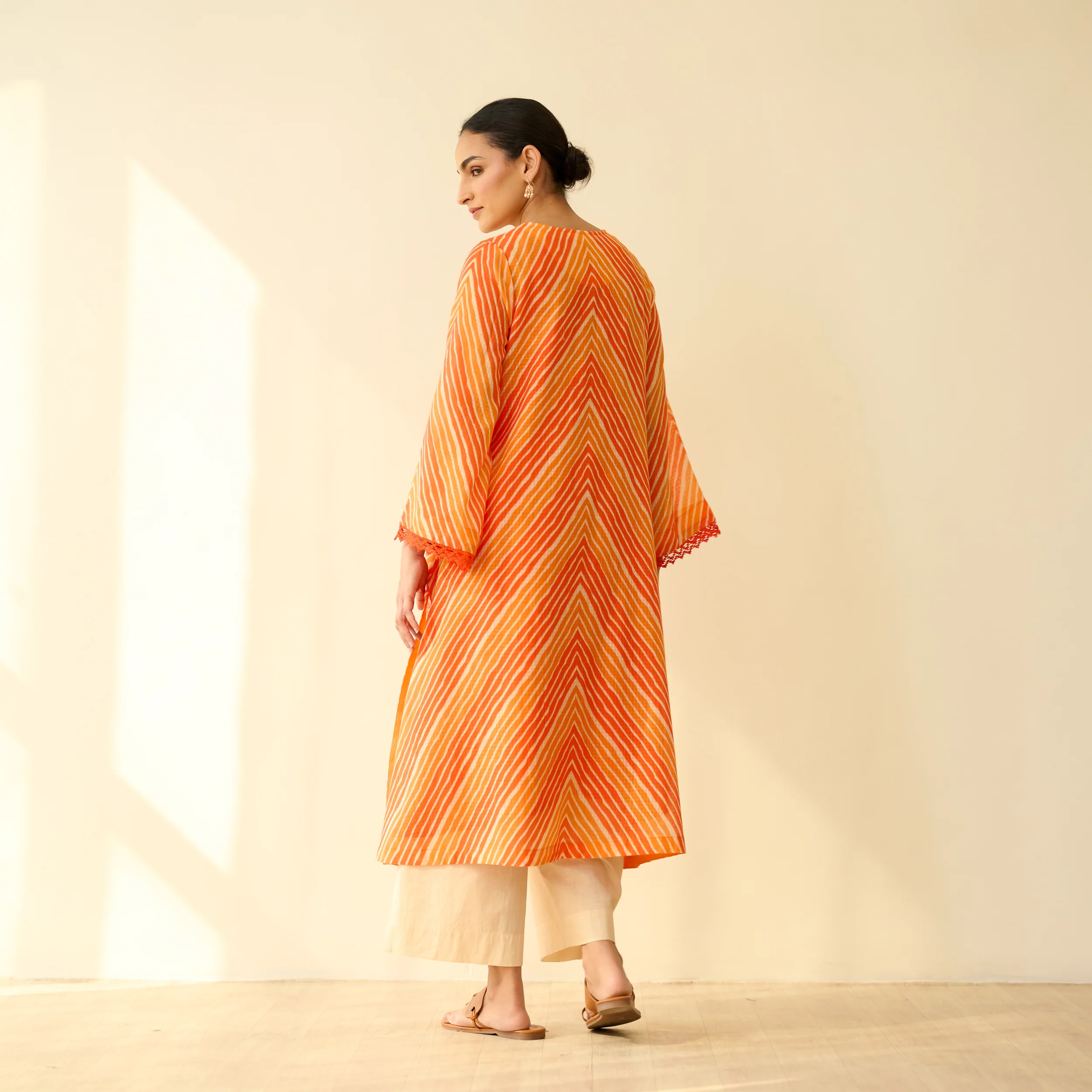 Roshani Kota Doria Cotton Kurta - Orange & Red - Image 5