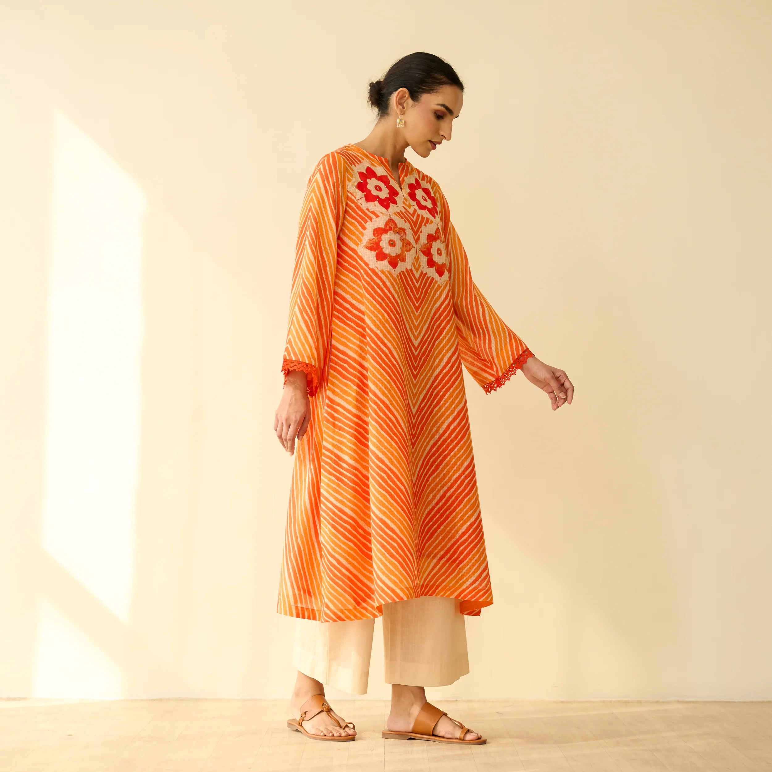 Roshani Kota Doria Cotton Kurta - Orange & Red - Image 6