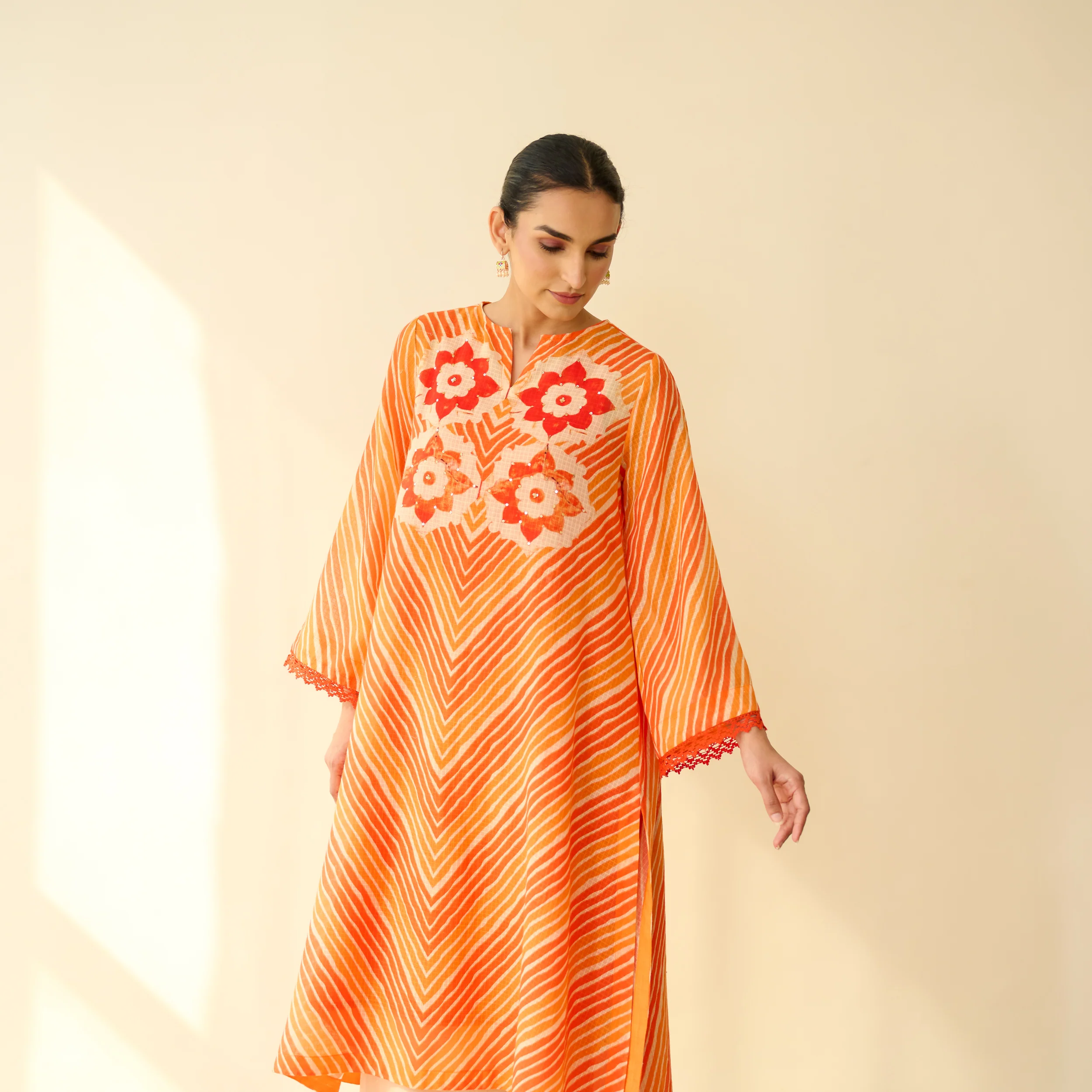Roshani Kota Doria Cotton Kurta - Orange & Red - Image 7