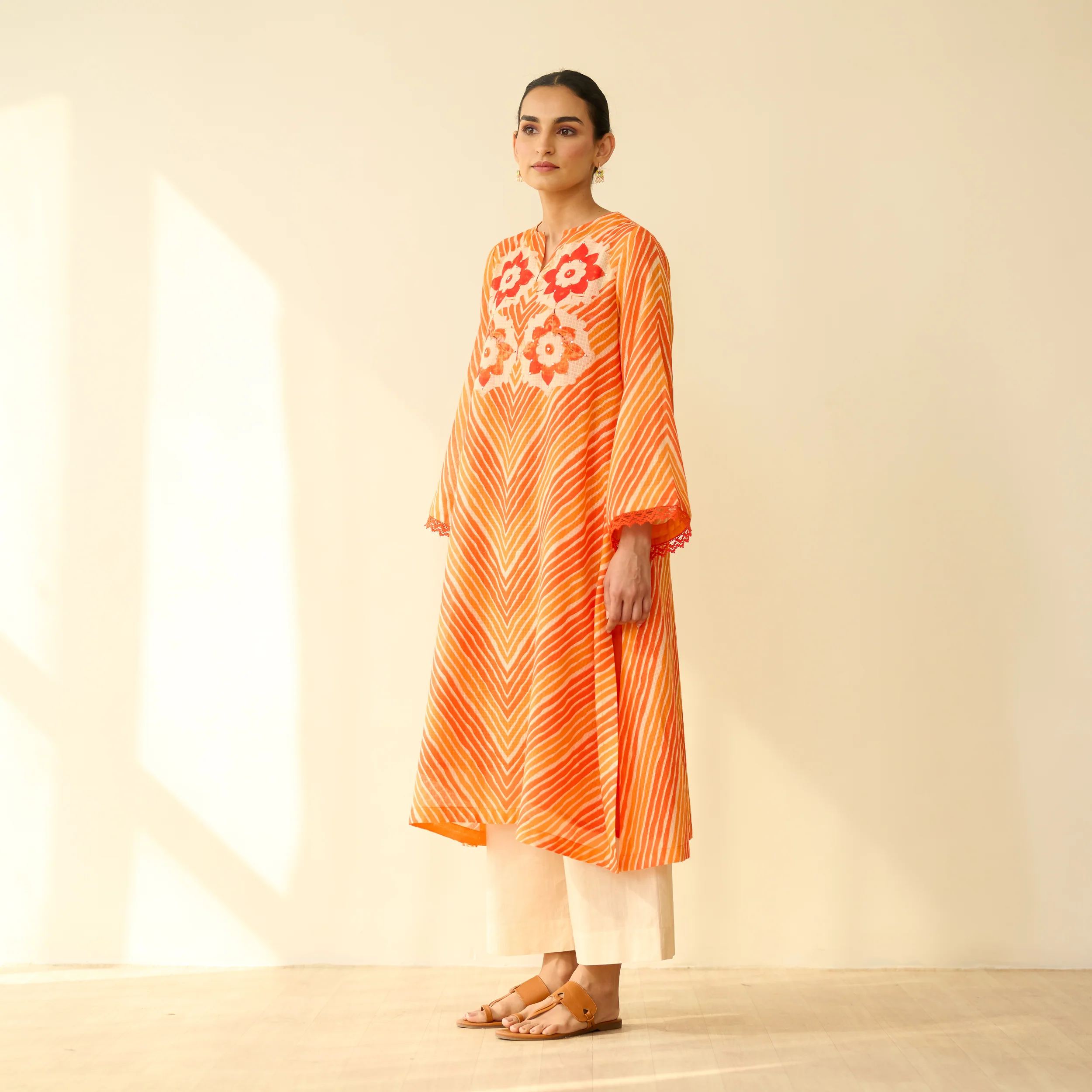 Roshani Kota Doria Cotton Kurta - Orange & Red - Image 8