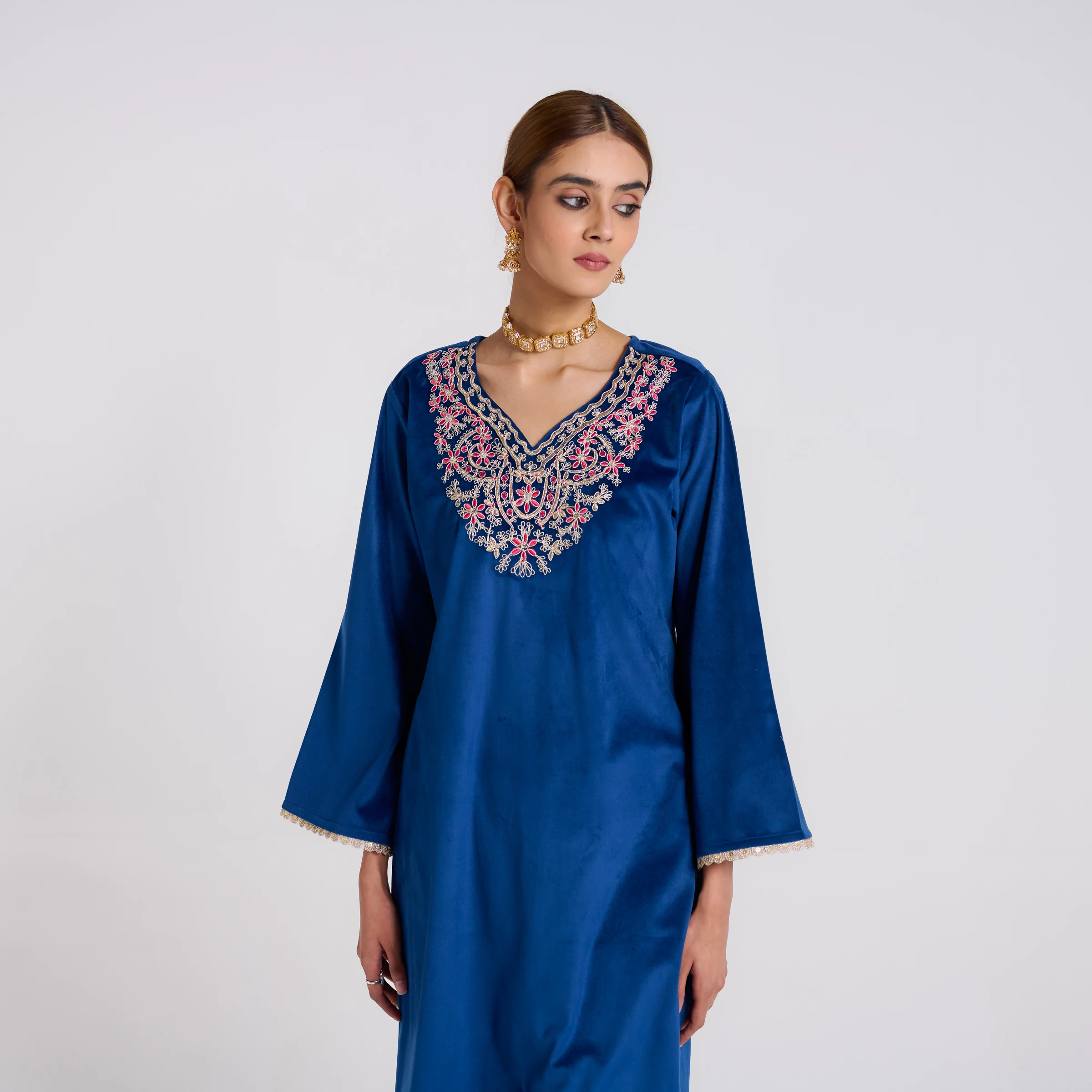Royal Blue Embroidered Amara Velvet Kurta Pant Set - Image 3
