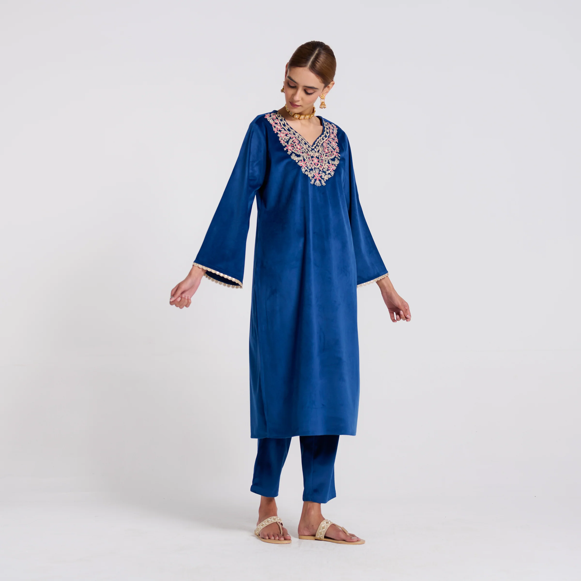 Royal Blue Embroidered Amara Velvet Kurta Pant Set - Image 5