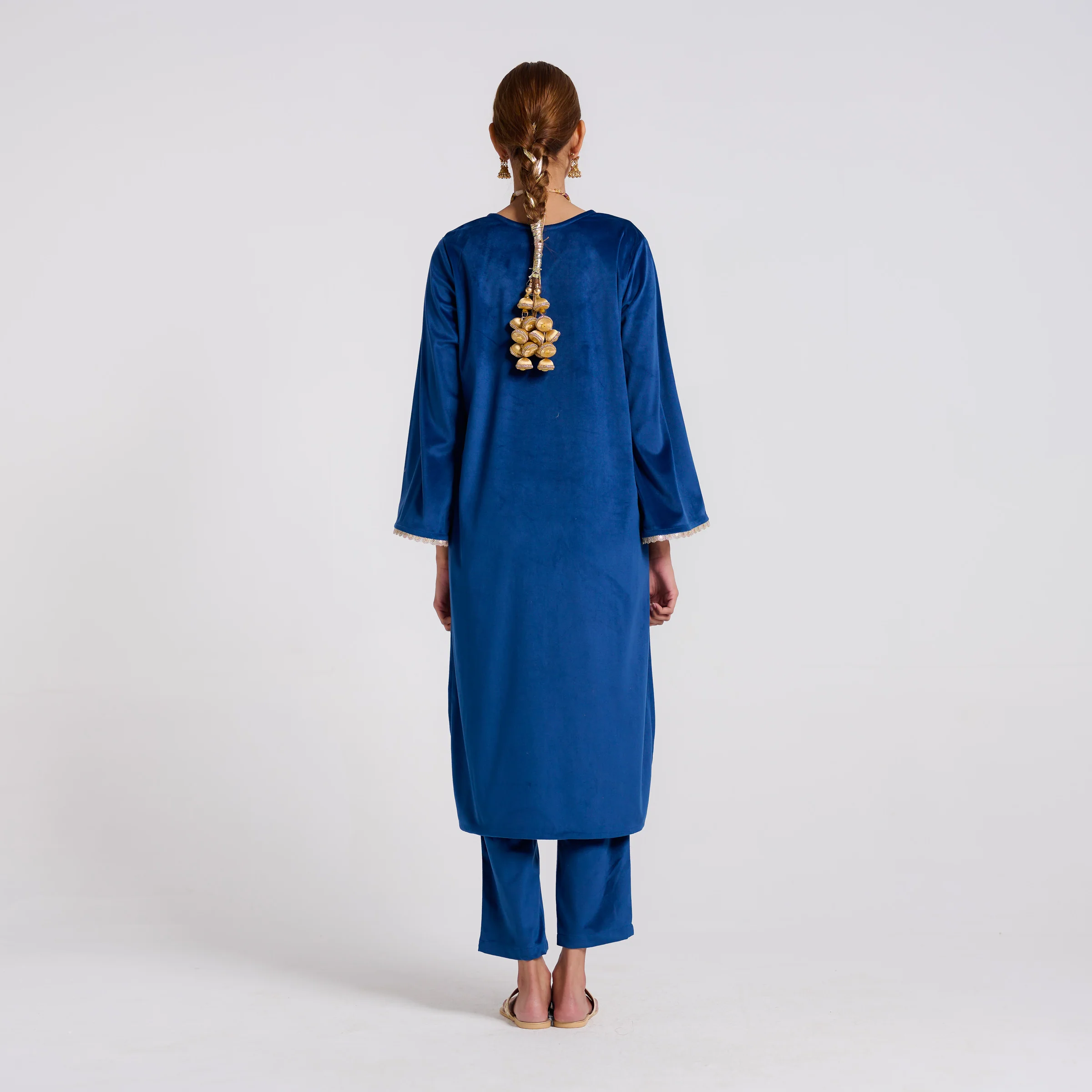 Royal Blue Embroidered Amara Velvet Kurta Pant Set - Image 6