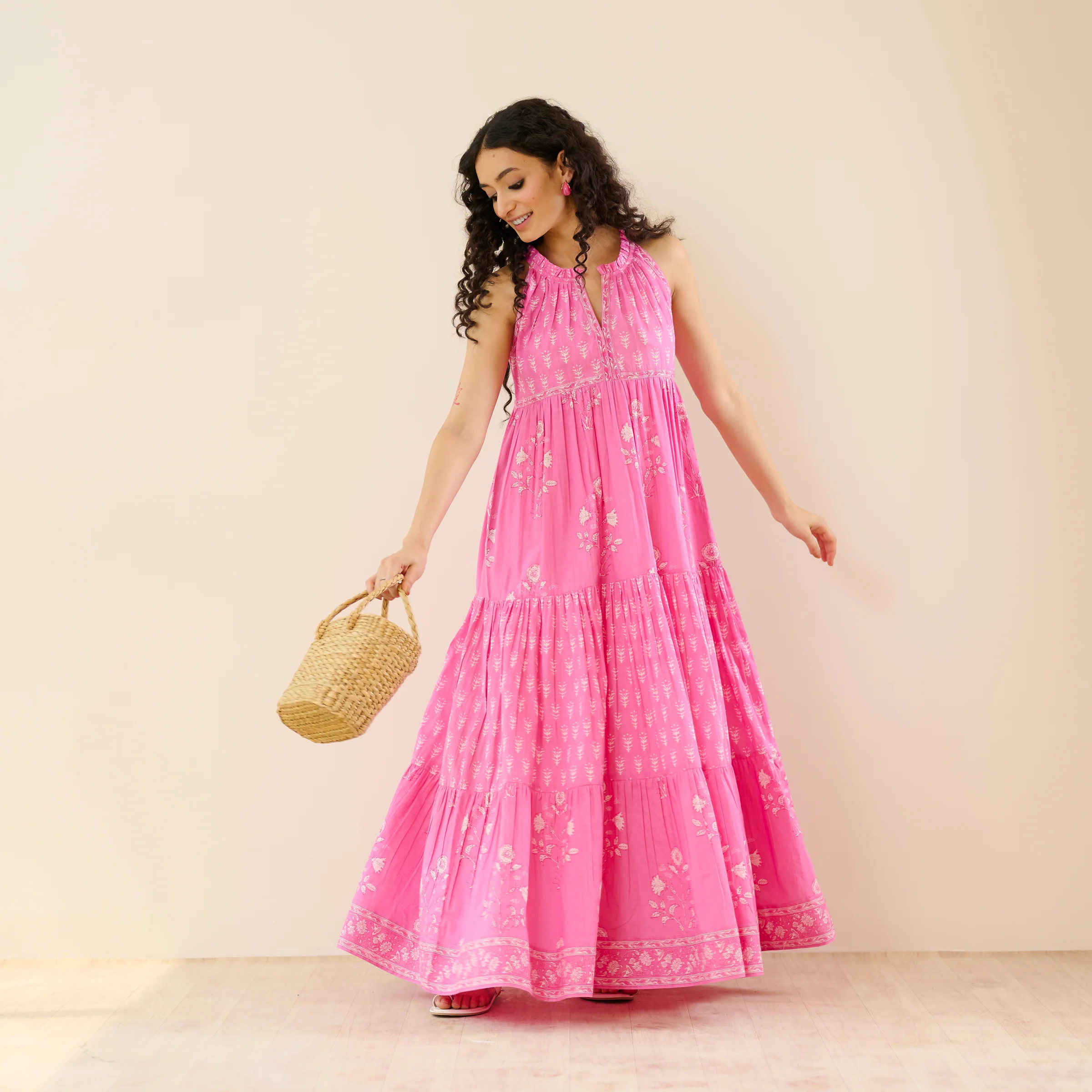 Sanganeri Cotton Tiered Dress - Baby Pink