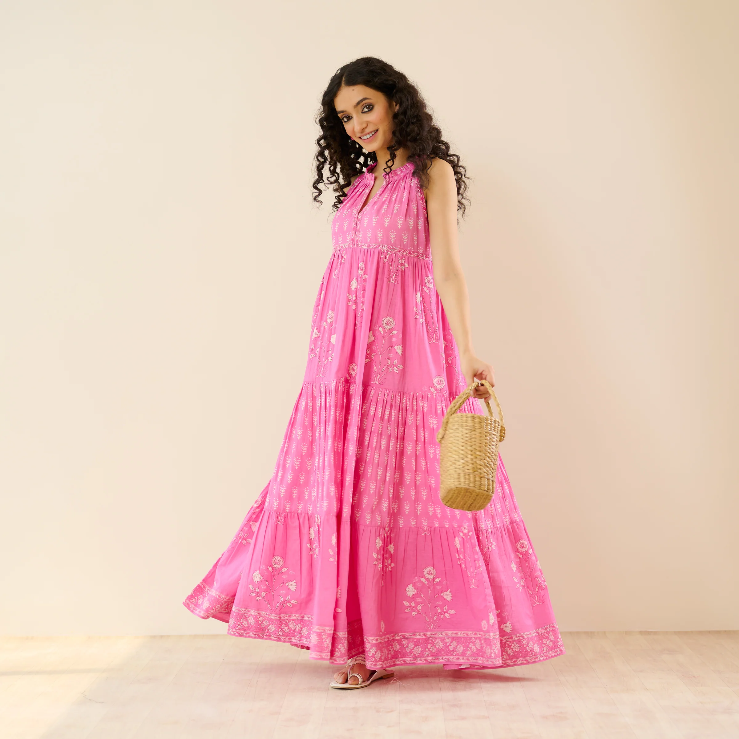 Sanganeri Cotton Tiered Dress - Baby Pink - Image 3