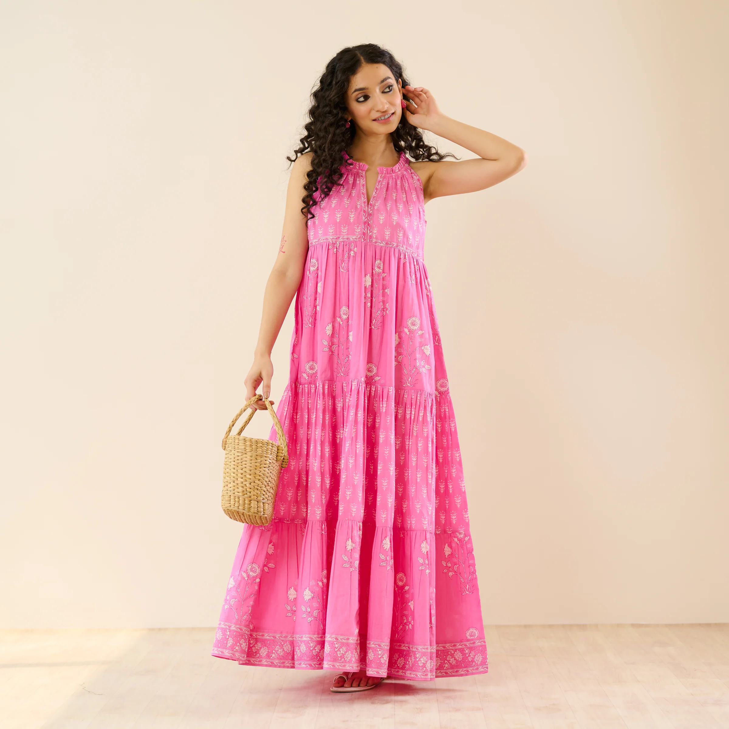 Sanganeri Cotton Tiered Dress - Baby Pink - Image 4