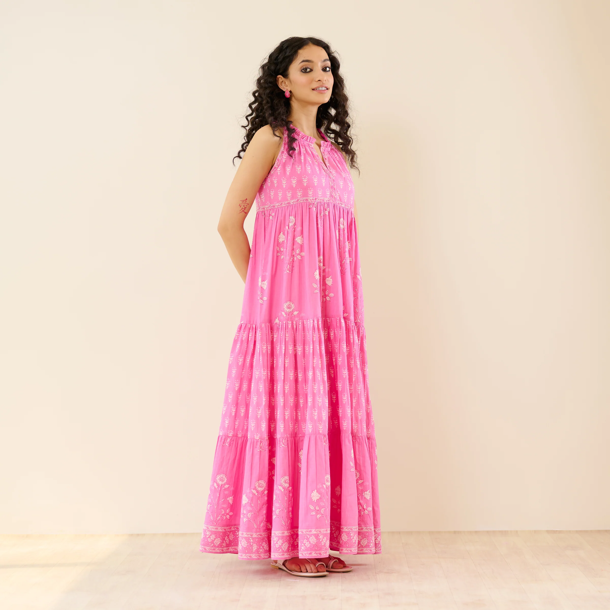 Sanganeri Cotton Tiered Dress - Baby Pink - Image 5