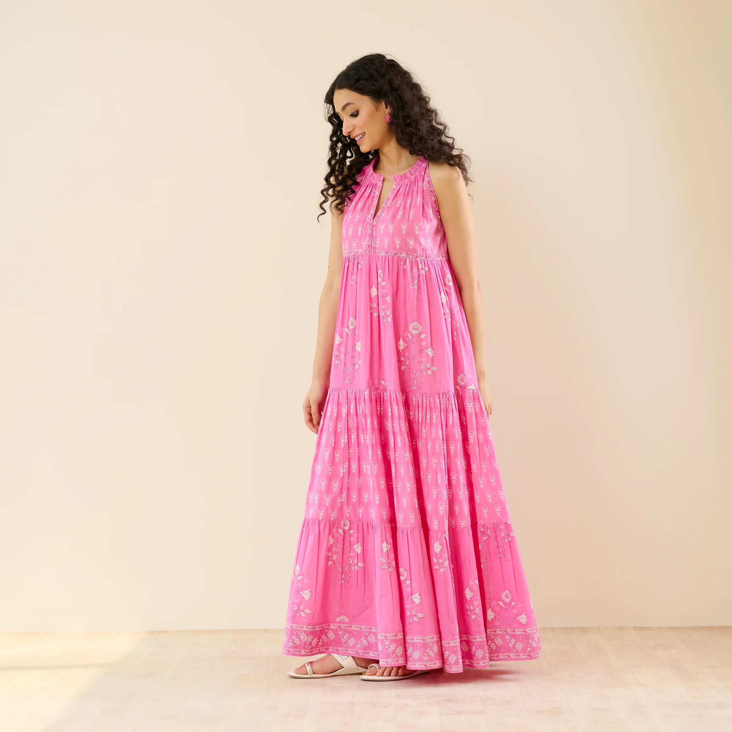 Sanganeri Cotton Tiered Dress - Baby Pink - Image 9