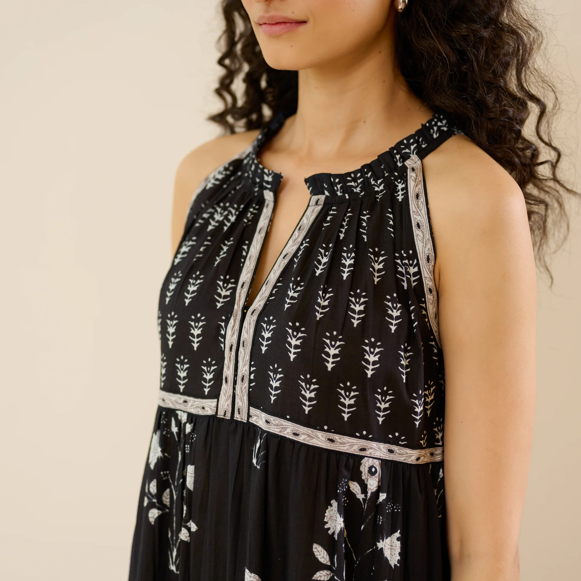 Sanganeri Cotton Tiered Dress - Black - Image 2
