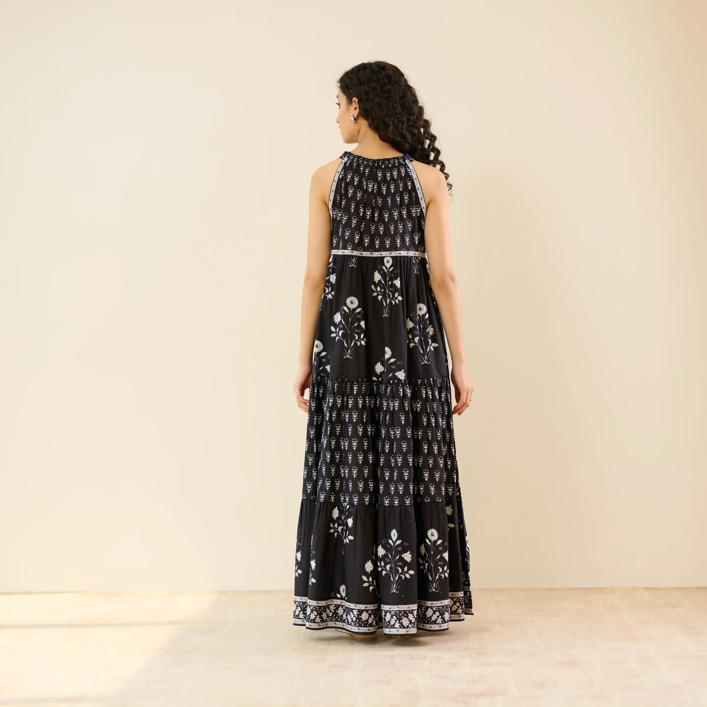 Sanganeri Cotton Tiered Dress - Black - Image 6