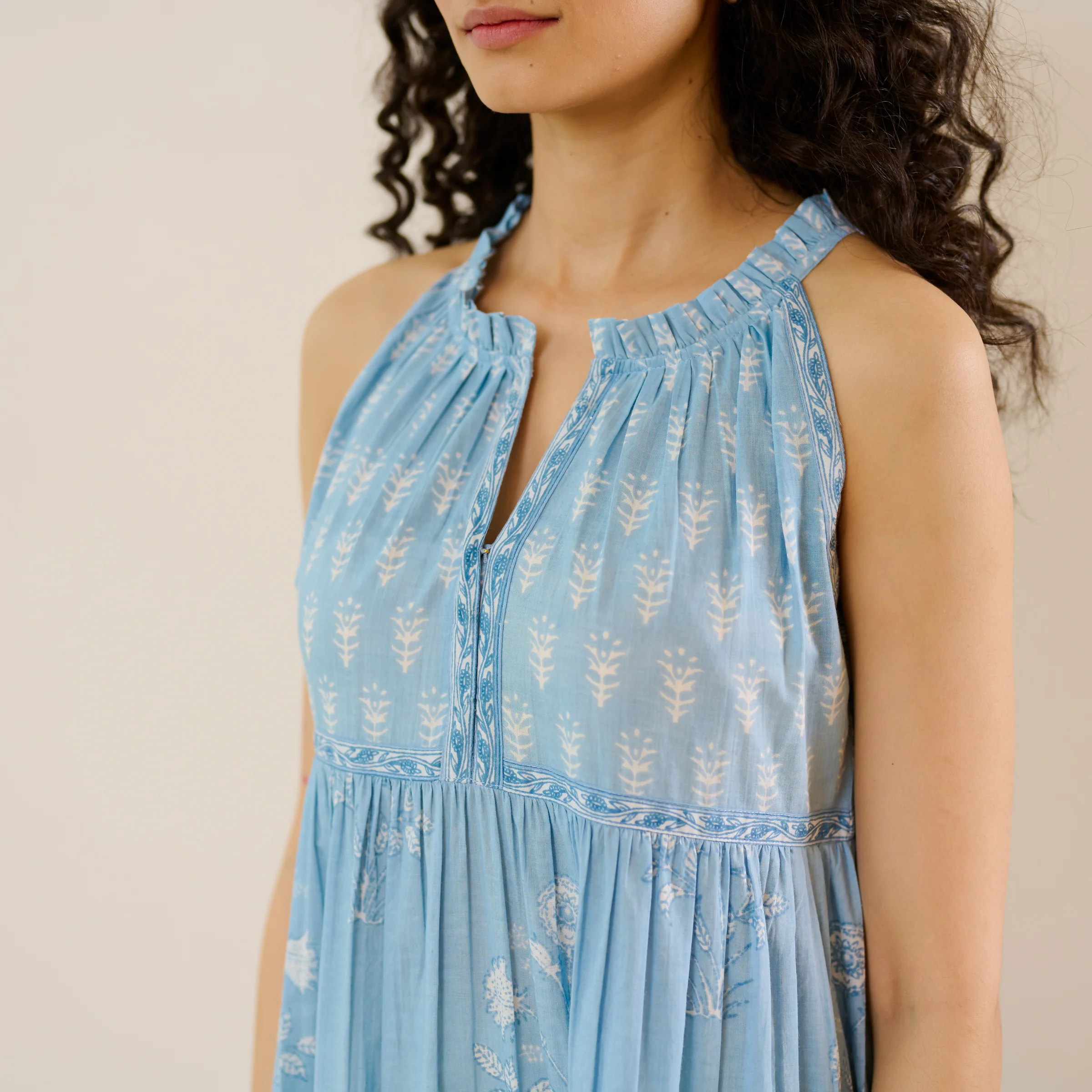 Sanganeri Cotton Tiered Dress - Sky Blue - Image 2