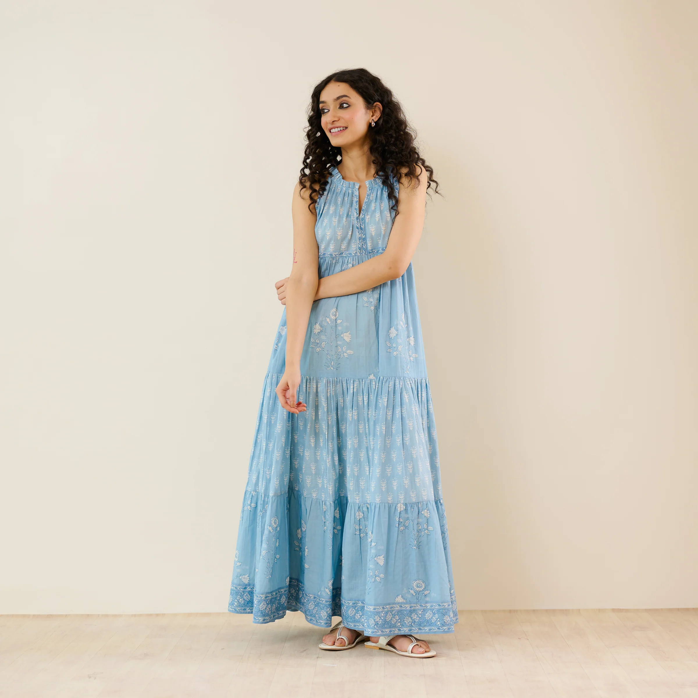 Sanganeri Cotton Tiered Dress - Sky Blue - Image 3