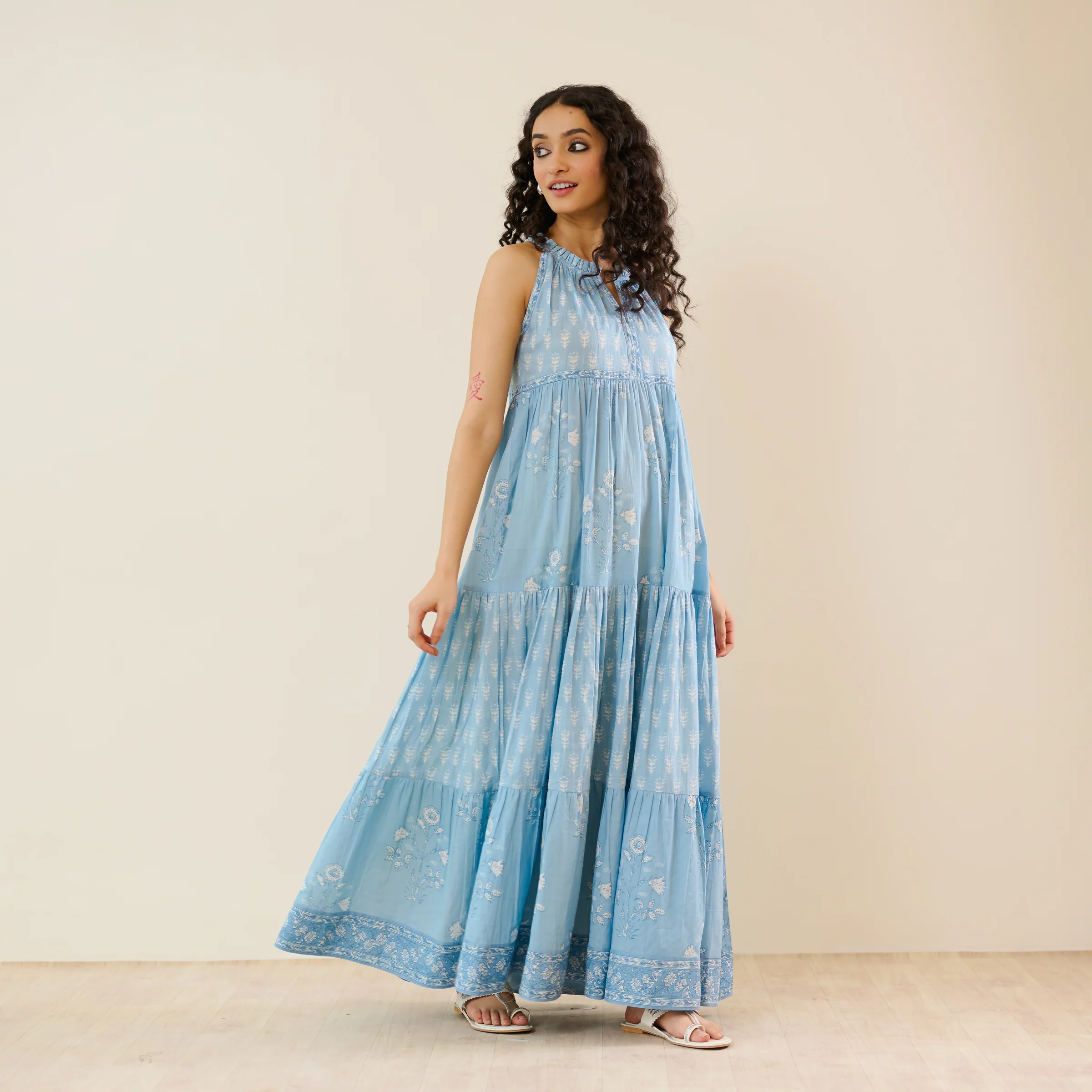 Sanganeri Cotton Tiered Dress - Sky Blue - Image 4