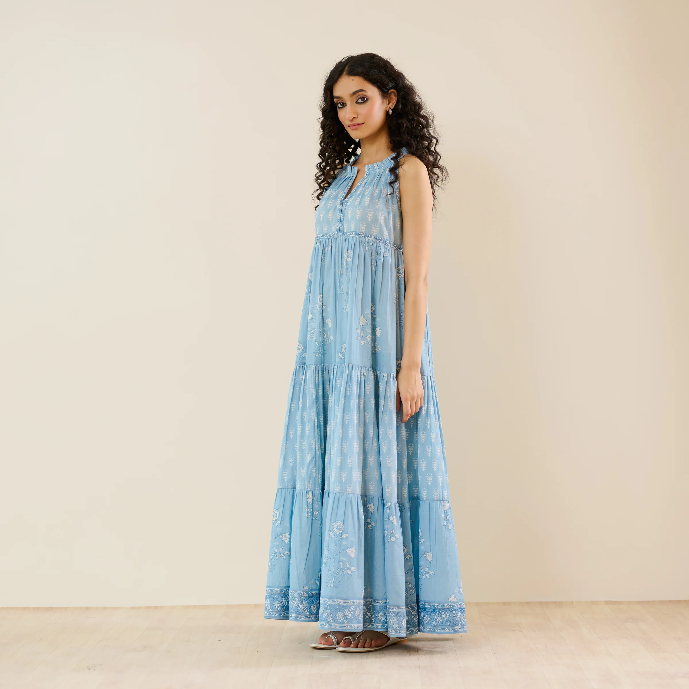 Sanganeri Cotton Tiered Dress - Sky Blue - Image 5
