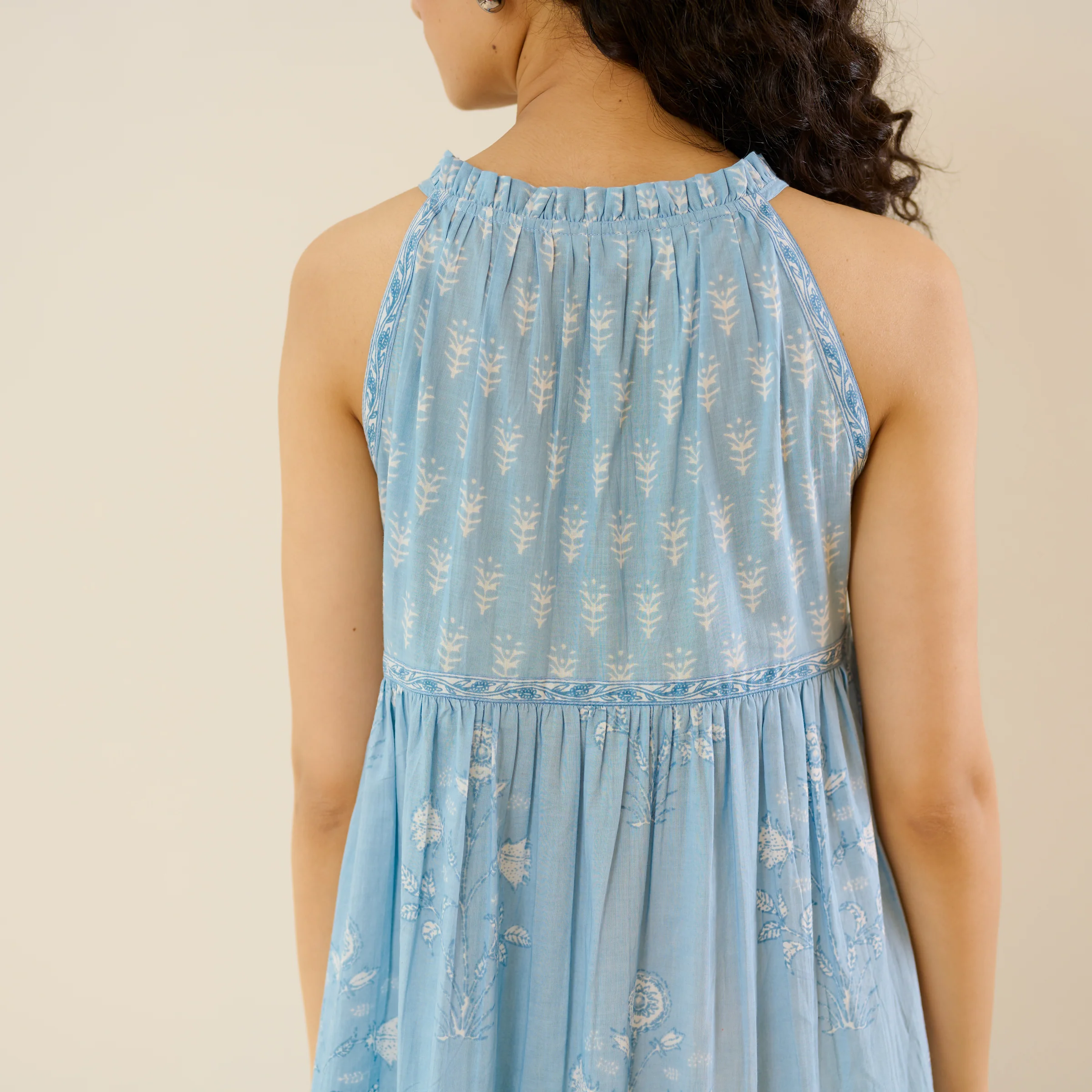 Sanganeri Cotton Tiered Dress - Sky Blue - Image 6