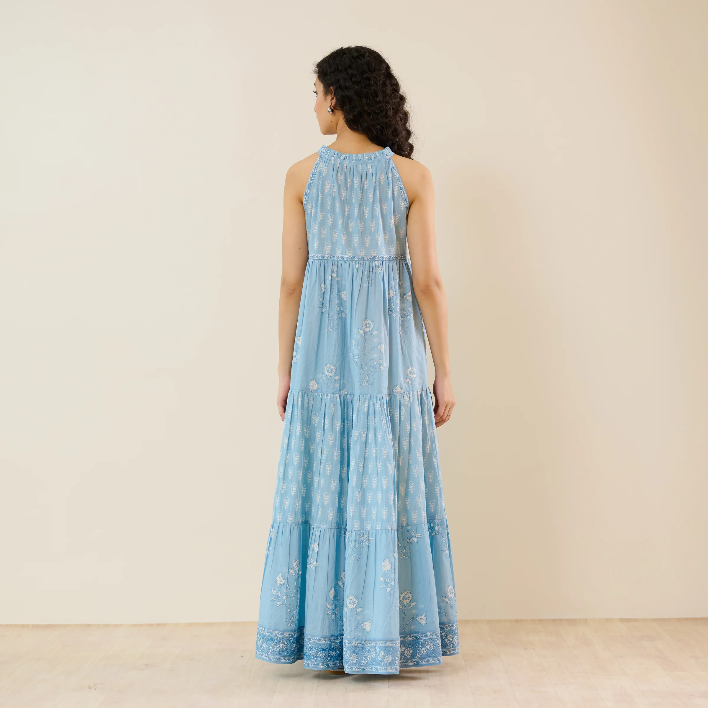 Sanganeri Cotton Tiered Dress - Sky Blue - Image 7