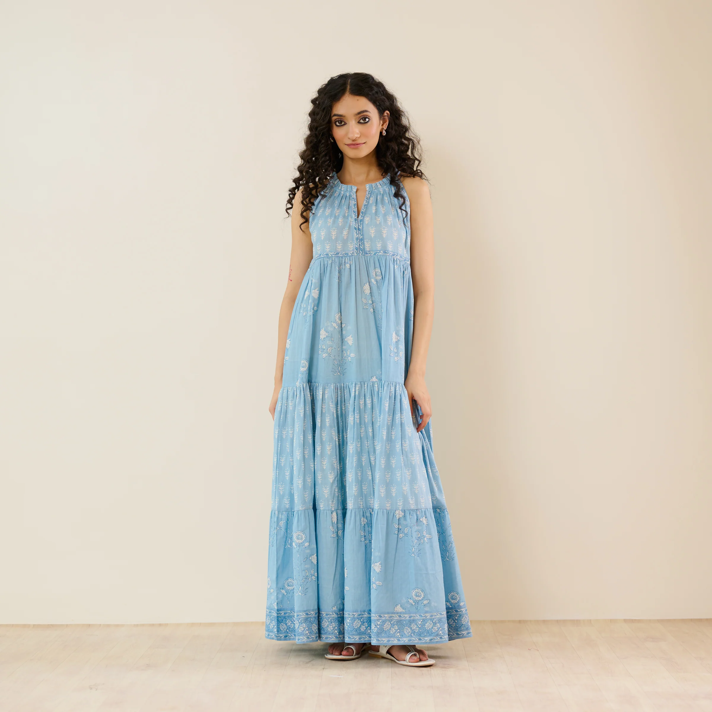 Sanganeri Cotton Tiered Dress - Sky Blue - Image 8