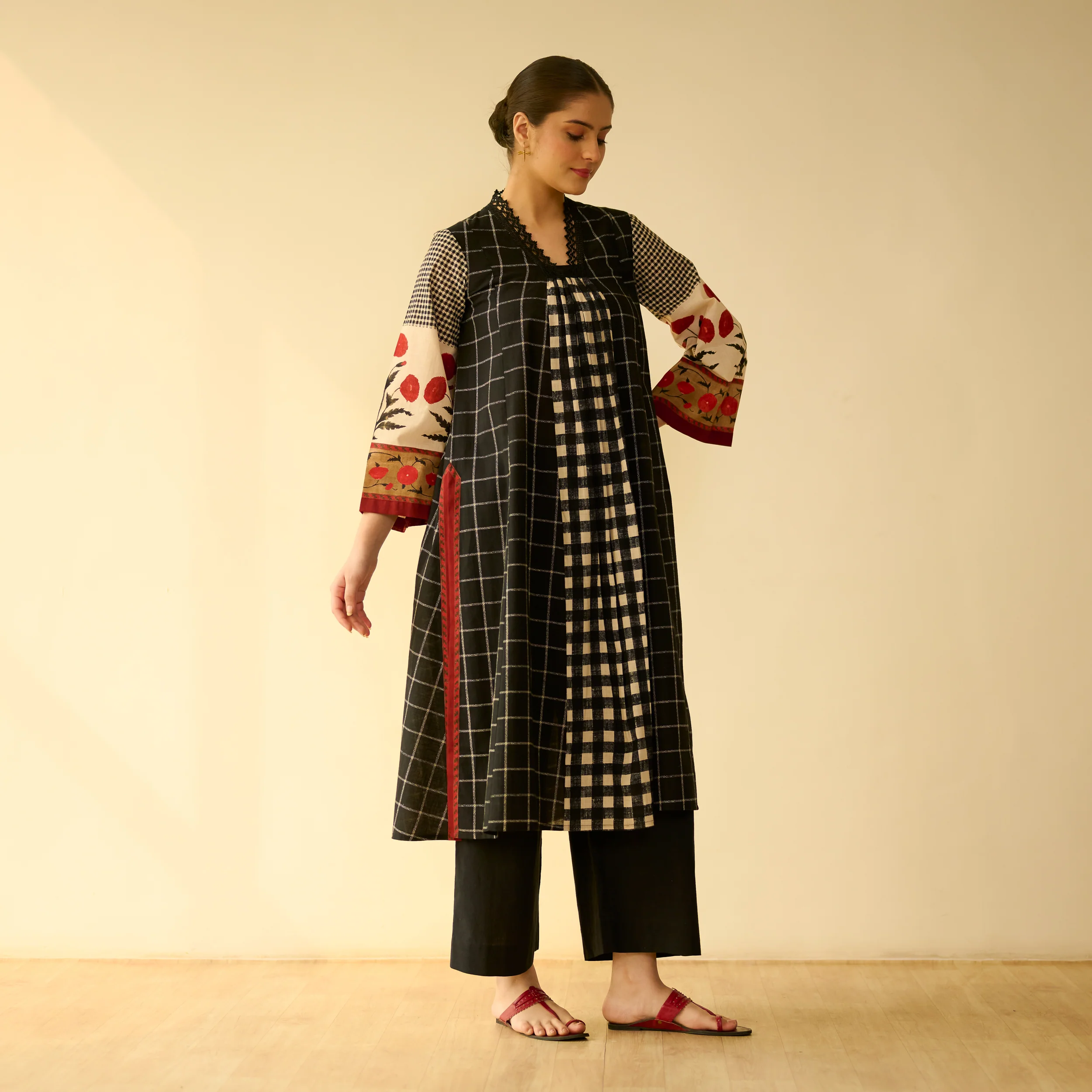 Sangria Fine Slub Cotton Kurta - Black - Image 6