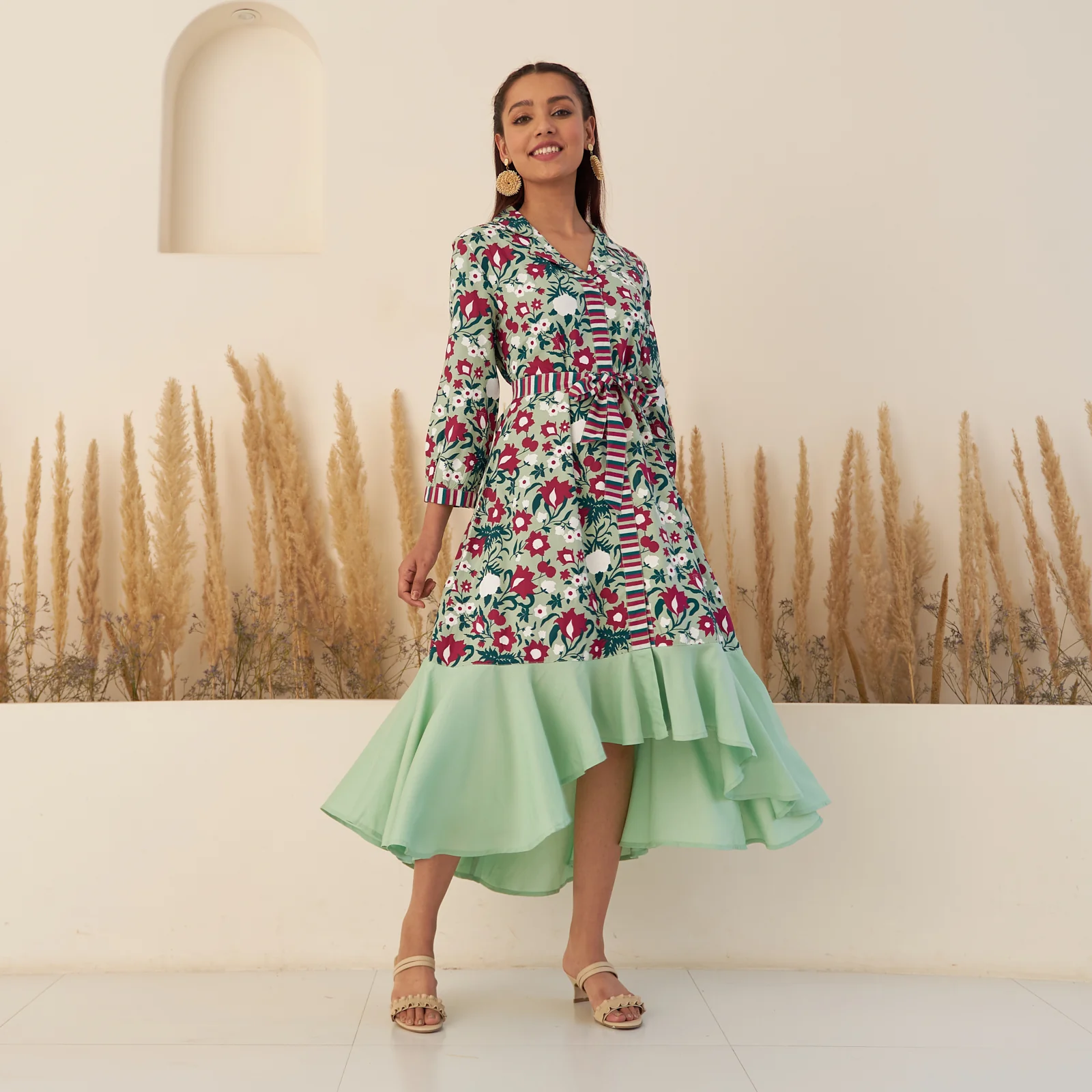 Sea Green Floral Collar Shirt Dress with Flared Hem - Image 3