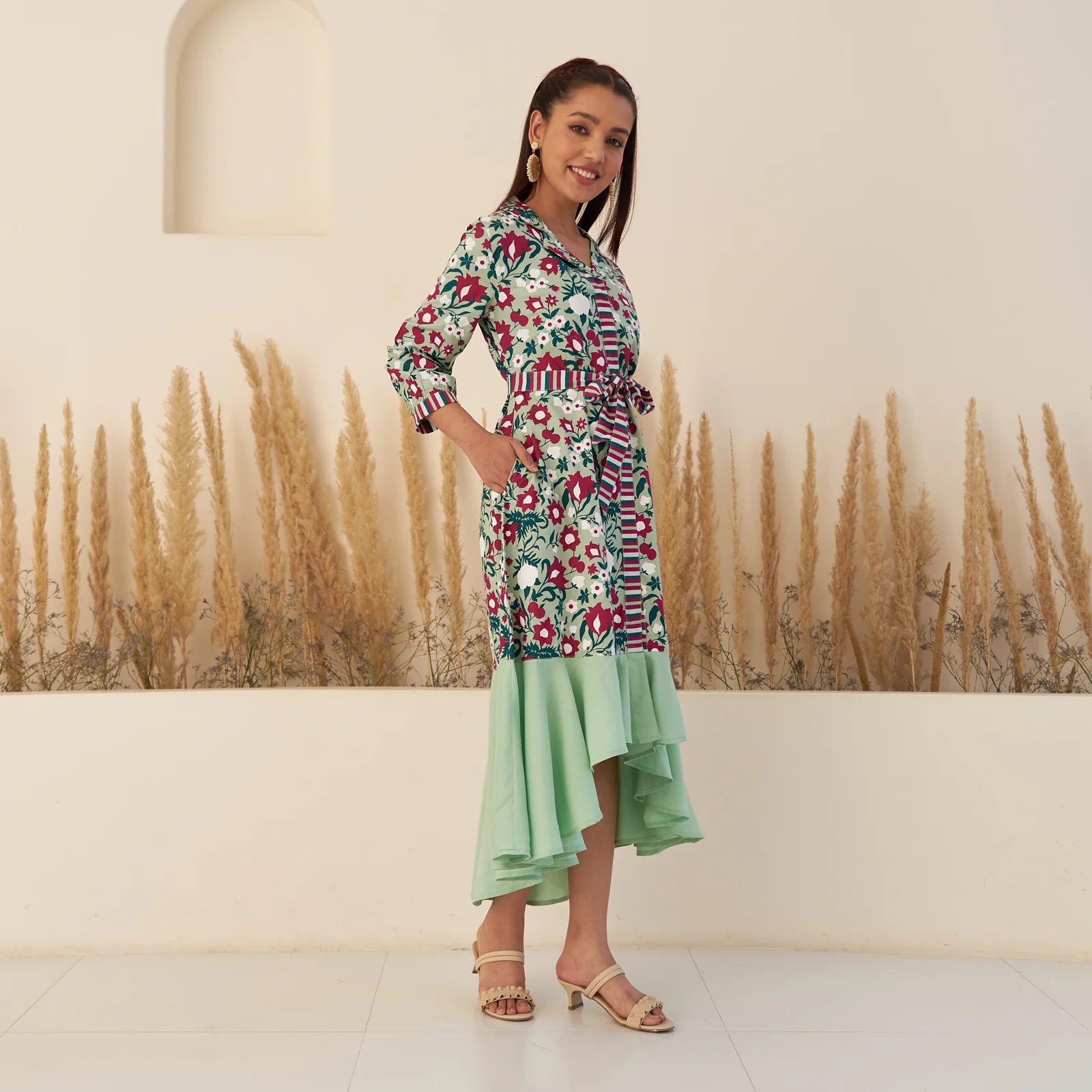 Sea Green Floral Collar Shirt Dress with Flared Hem - Image 4