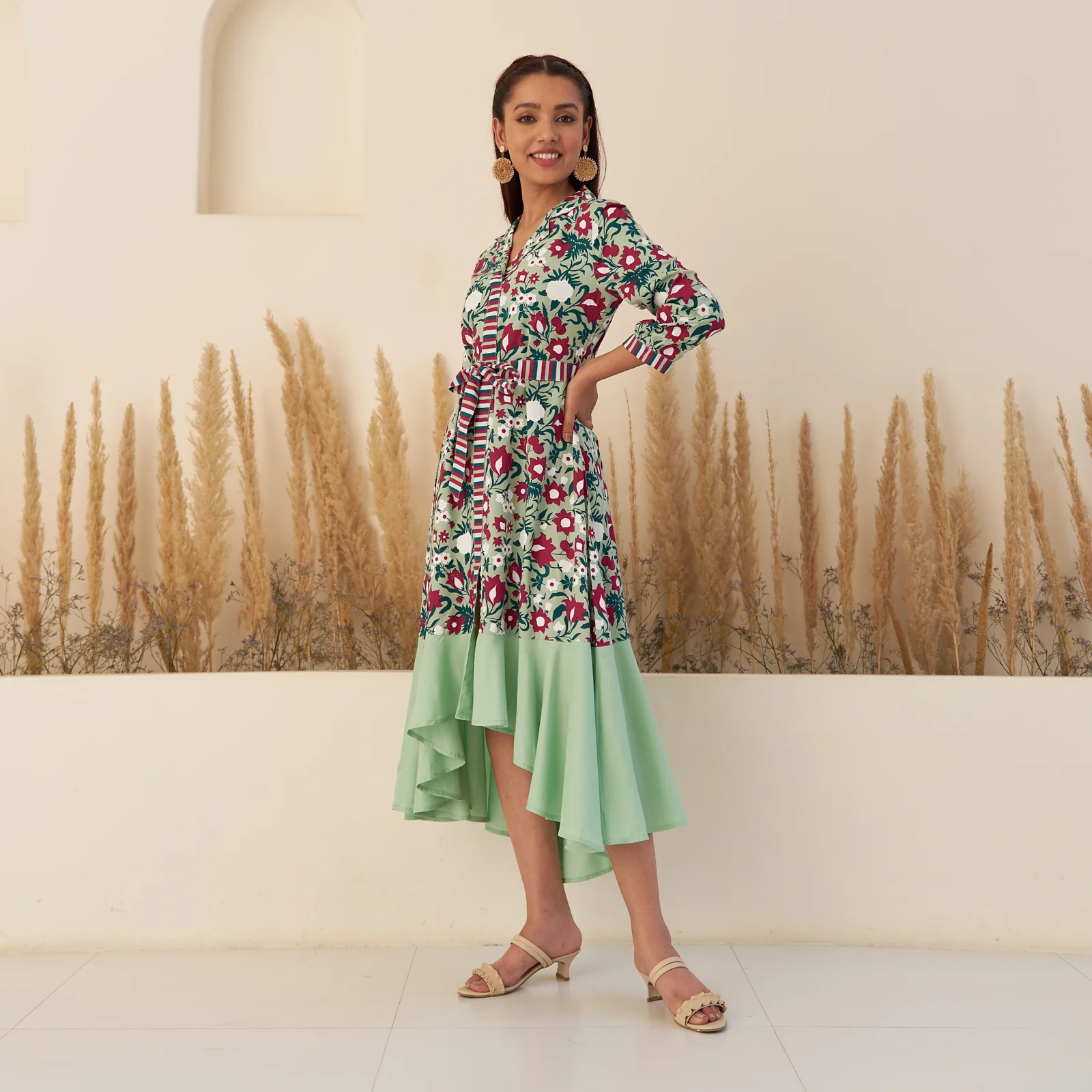 Sea Green Floral Collar Shirt Dress with Flared Hem - Image 5