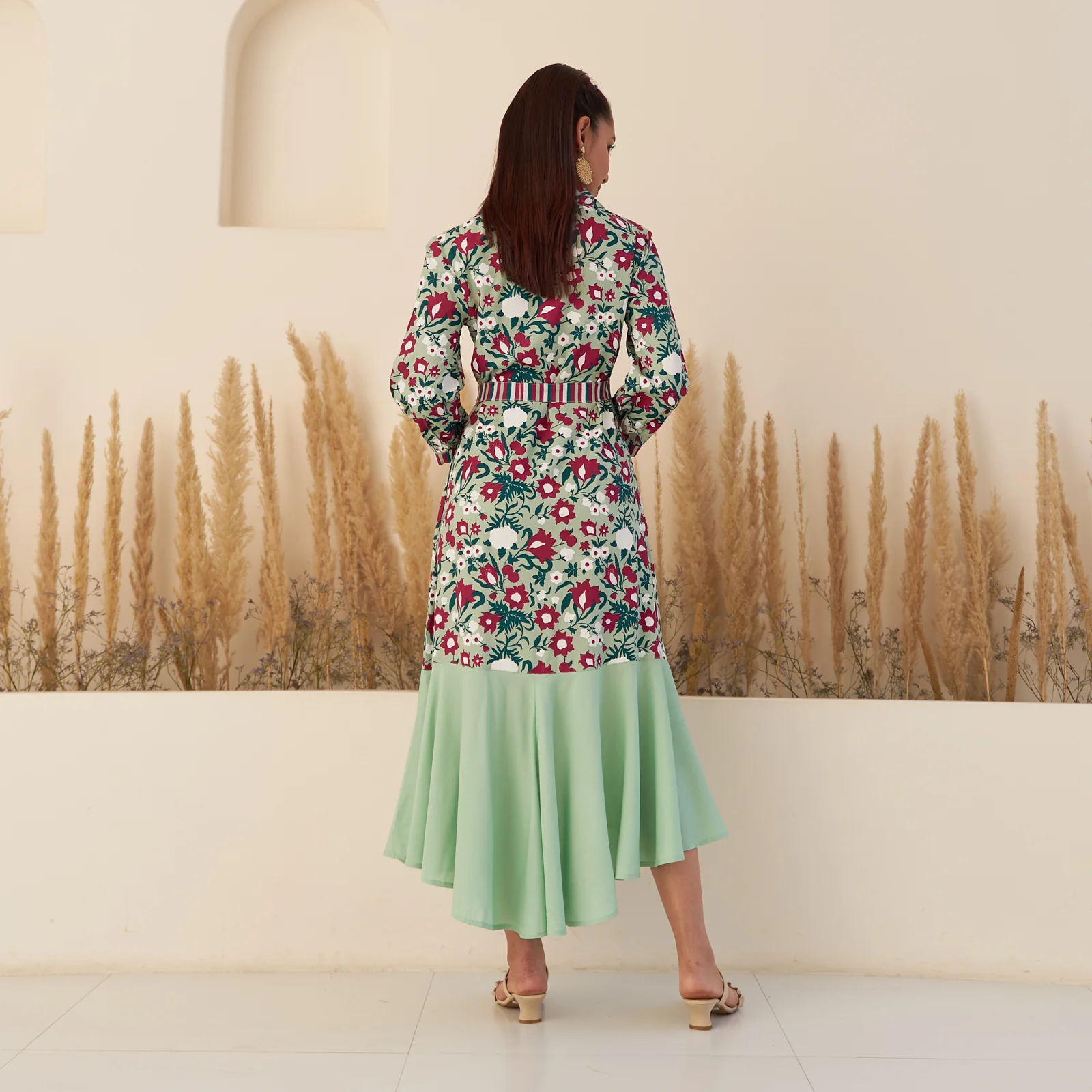 Sea Green Floral Collar Shirt Dress with Flared Hem - Image 6