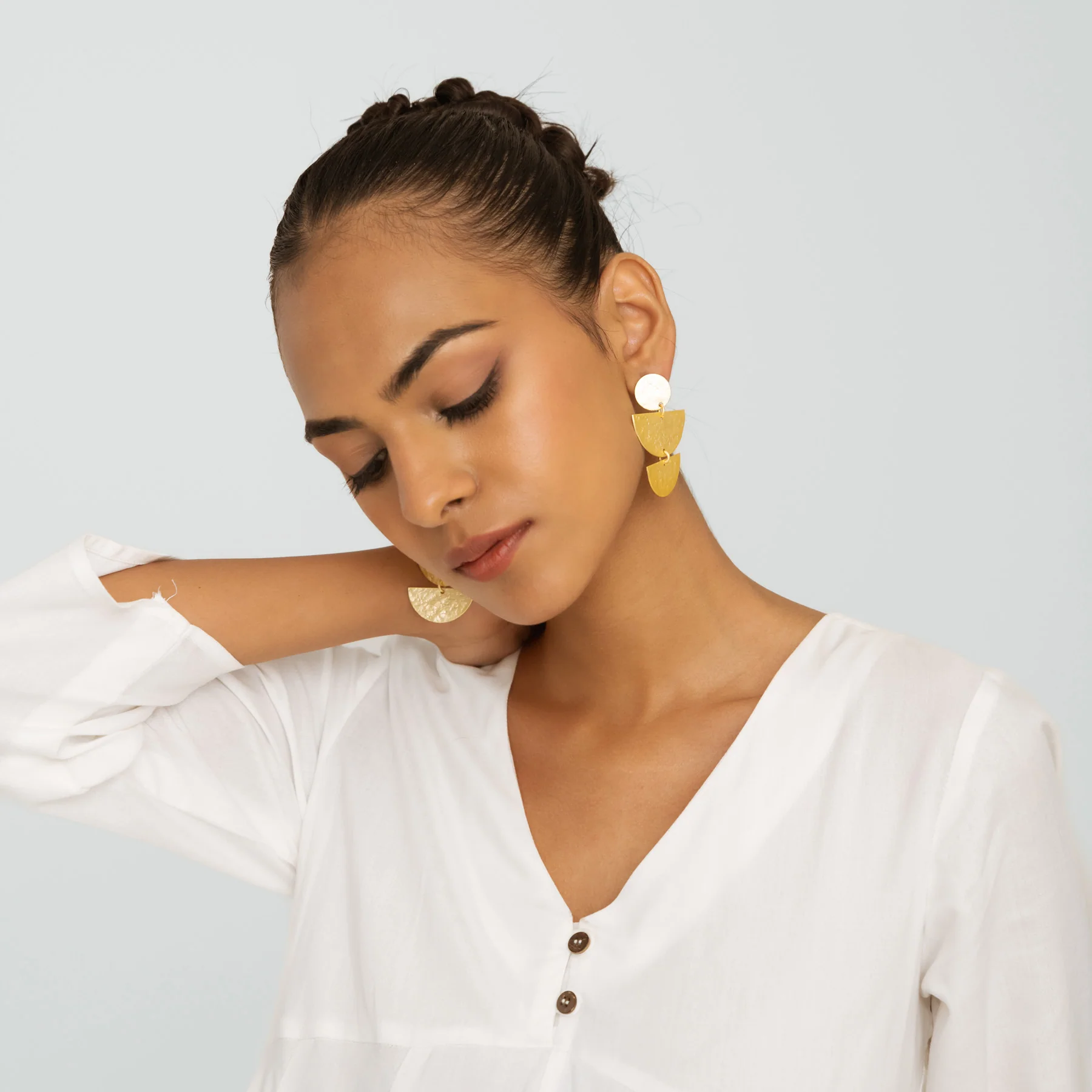 Semi Circle & Round Earrings - Gold - Image 4